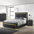 Contemporary Glam King Black Fabric Upholstered Panel 1Pc Queen Bed Black Fabric Gold Legs Bedroom Furniture Black Wood Fabric