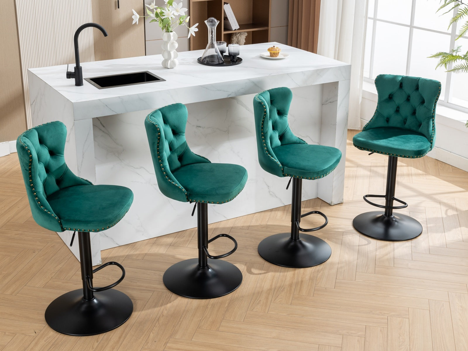 Swivel Velvet Barstools Adjusatble Seat Height From 25 33 Inch,17.7Inch Base, Modern Upholstered Bar Stools With Backs Comfortable Tufted For Home Pub And Kitchen Island,Green,Set Of 2,Sw1812Gn Green Dining Room American Design Foam Velvet