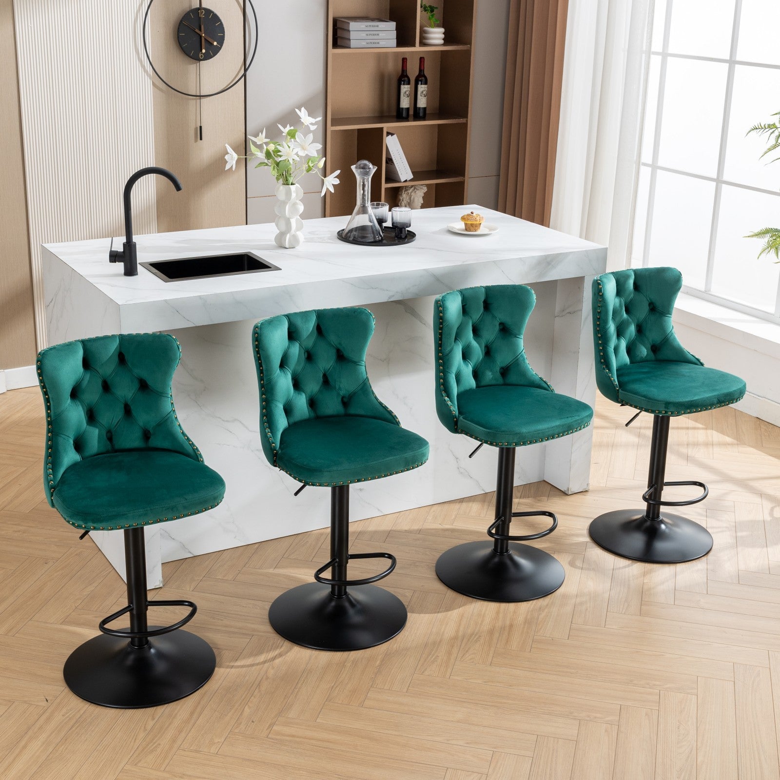 Swivel Velvet Barstools Adjusatble Seat Height From 25 33 Inch,17.7Inch Base, Modern Upholstered Bar Stools With Backs Comfortable Tufted For Home Pub And Kitchen Island,Green,Set Of 2,Sw1812Gn Green Dining Room American Design Foam Velvet