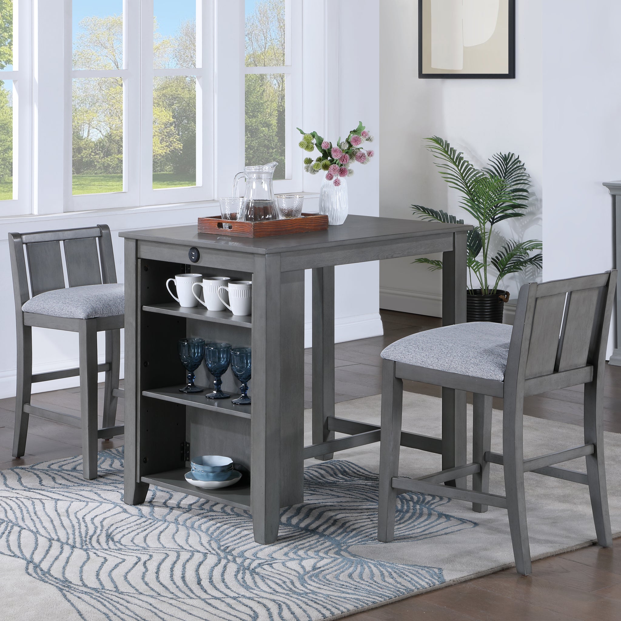 Graham 36" 3 Piece Gray Finish Small Space Counter Height Dining Table With Shelves And 2 Chairs Gray Wood Fabric