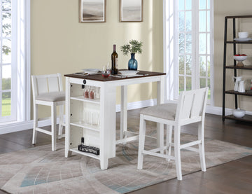 Graham 36" 3 Piece White Finish Small Space Counter Height Dining Table With Shelves And 2 Chairs White Wood Fabric