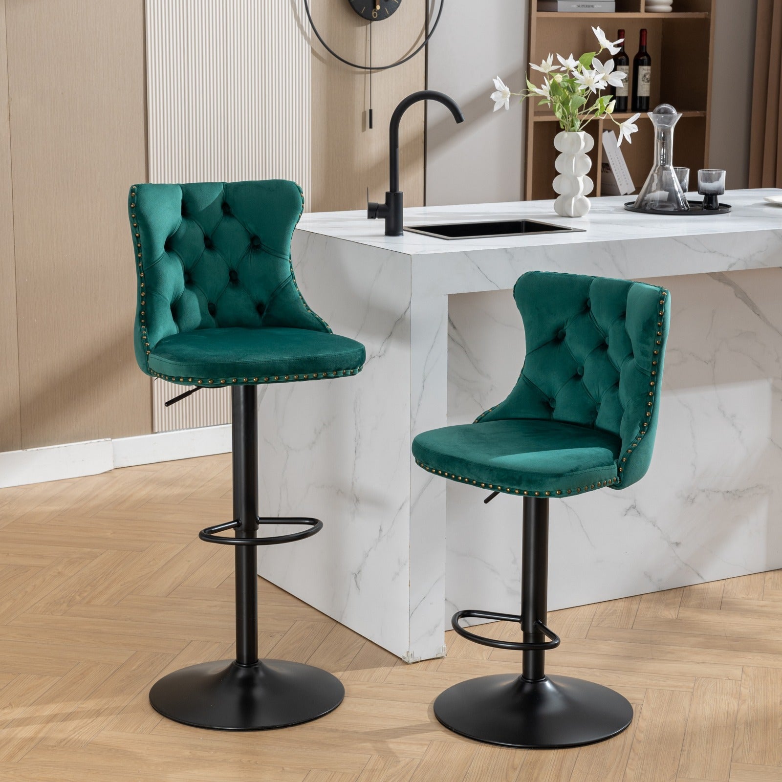 Swivel Velvet Barstools Adjusatble Seat Height From 25 33 Inch,17.7Inch Base, Modern Upholstered Bar Stools With Backs Comfortable Tufted For Home Pub And Kitchen Island,Green,Set Of 2,Sw1812Gn Green Dining Room American Design Foam Velvet