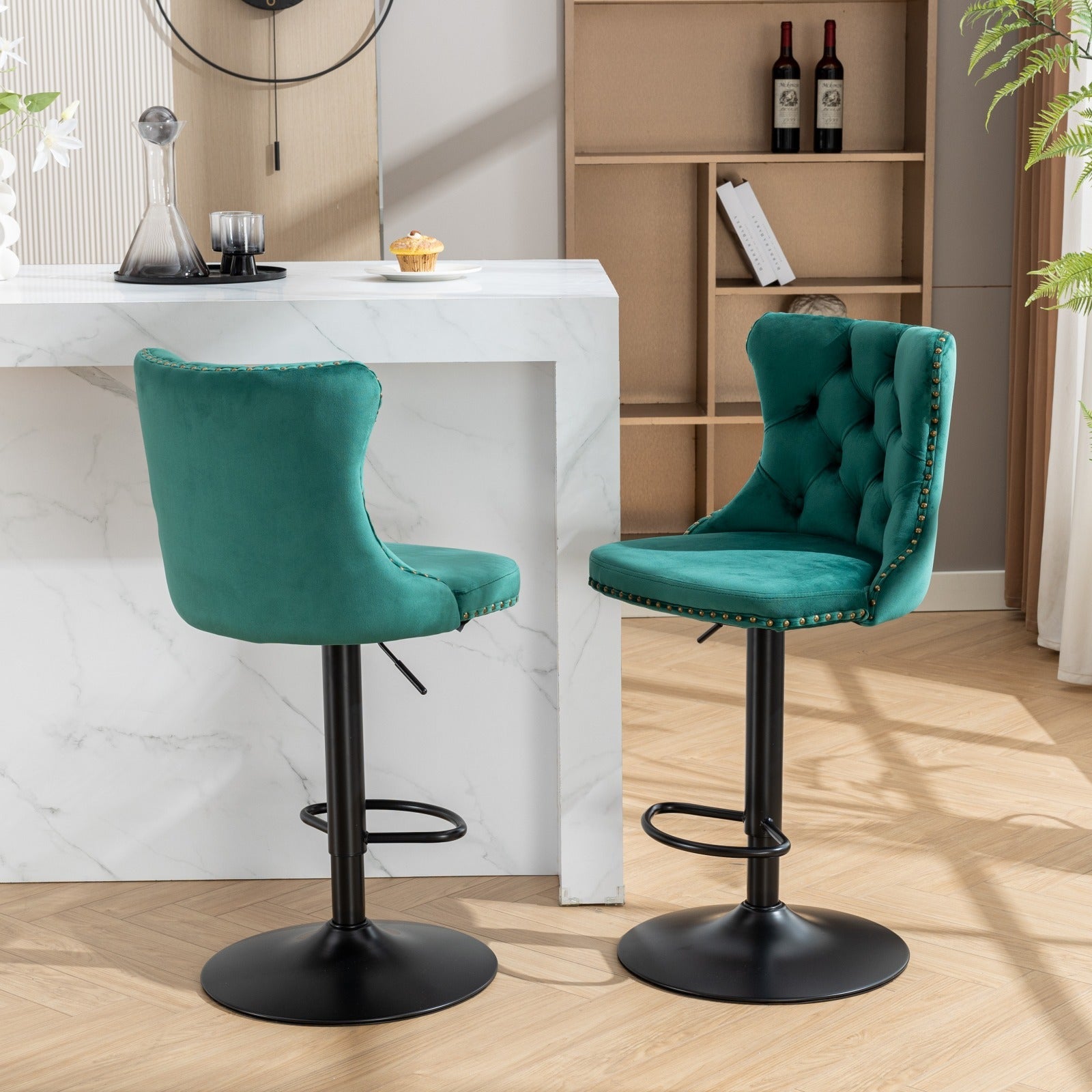 Swivel Velvet Barstools Adjusatble Seat Height From 25 33 Inch,17.7Inch Base, Modern Upholstered Bar Stools With Backs Comfortable Tufted For Home Pub And Kitchen Island,Green,Set Of 2,Sw1812Gn Green Dining Room American Design Foam Velvet