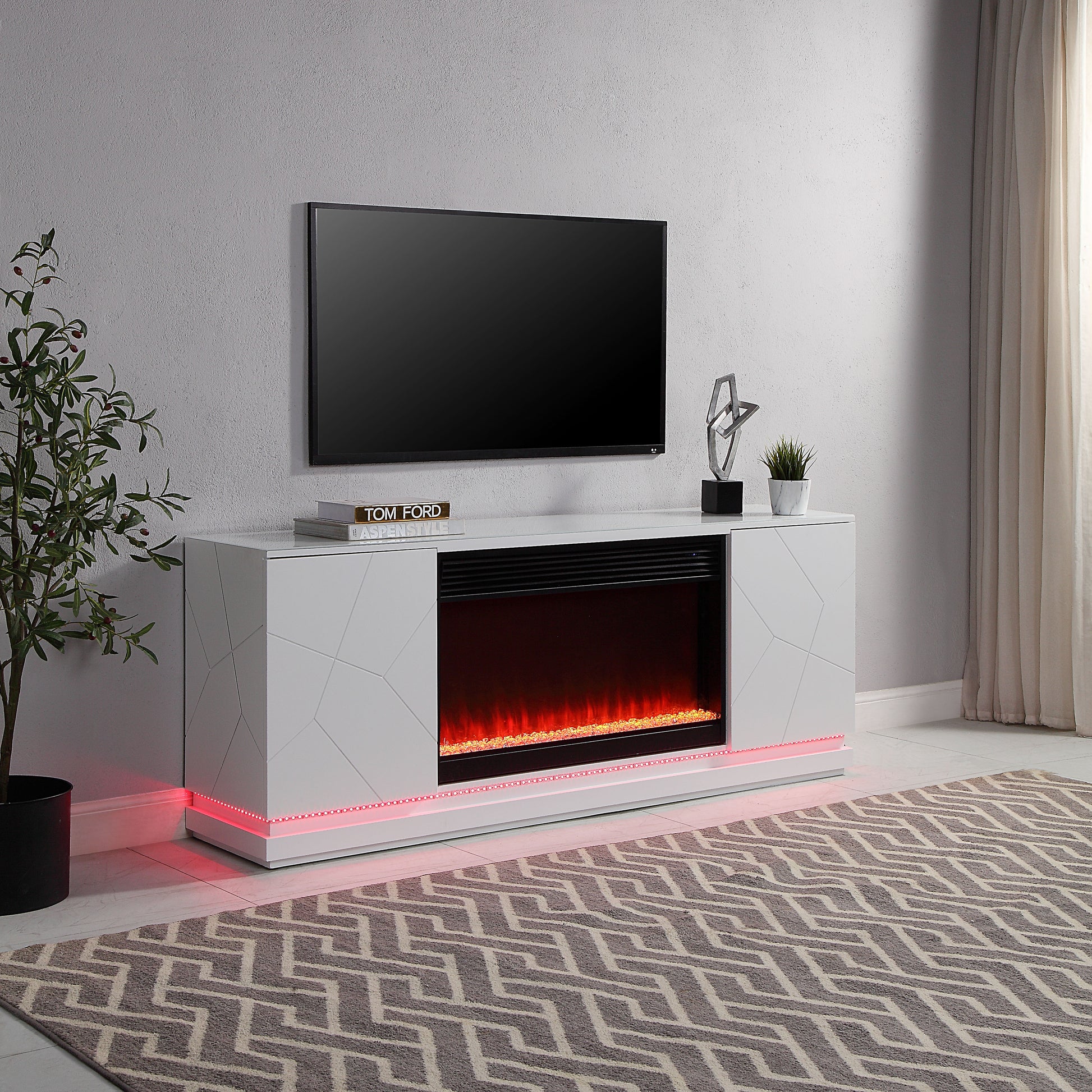 Clay 70.5" White Finish Tv Stand With Fireplace And Speaker White Wood