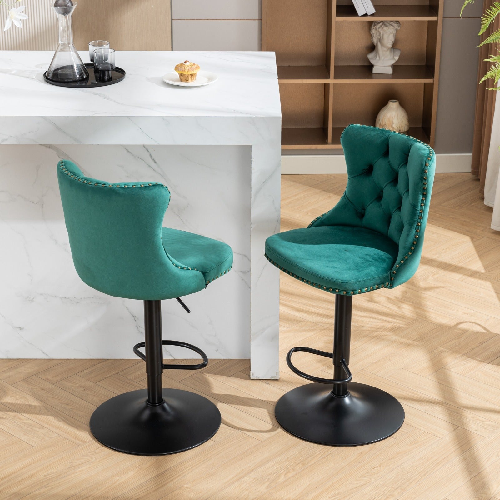 Swivel Velvet Barstools Adjusatble Seat Height From 25 33 Inch,17.7Inch Base, Modern Upholstered Bar Stools With Backs Comfortable Tufted For Home Pub And Kitchen Island,Green,Set Of 2,Sw1812Gn Green Dining Room American Design Foam Velvet