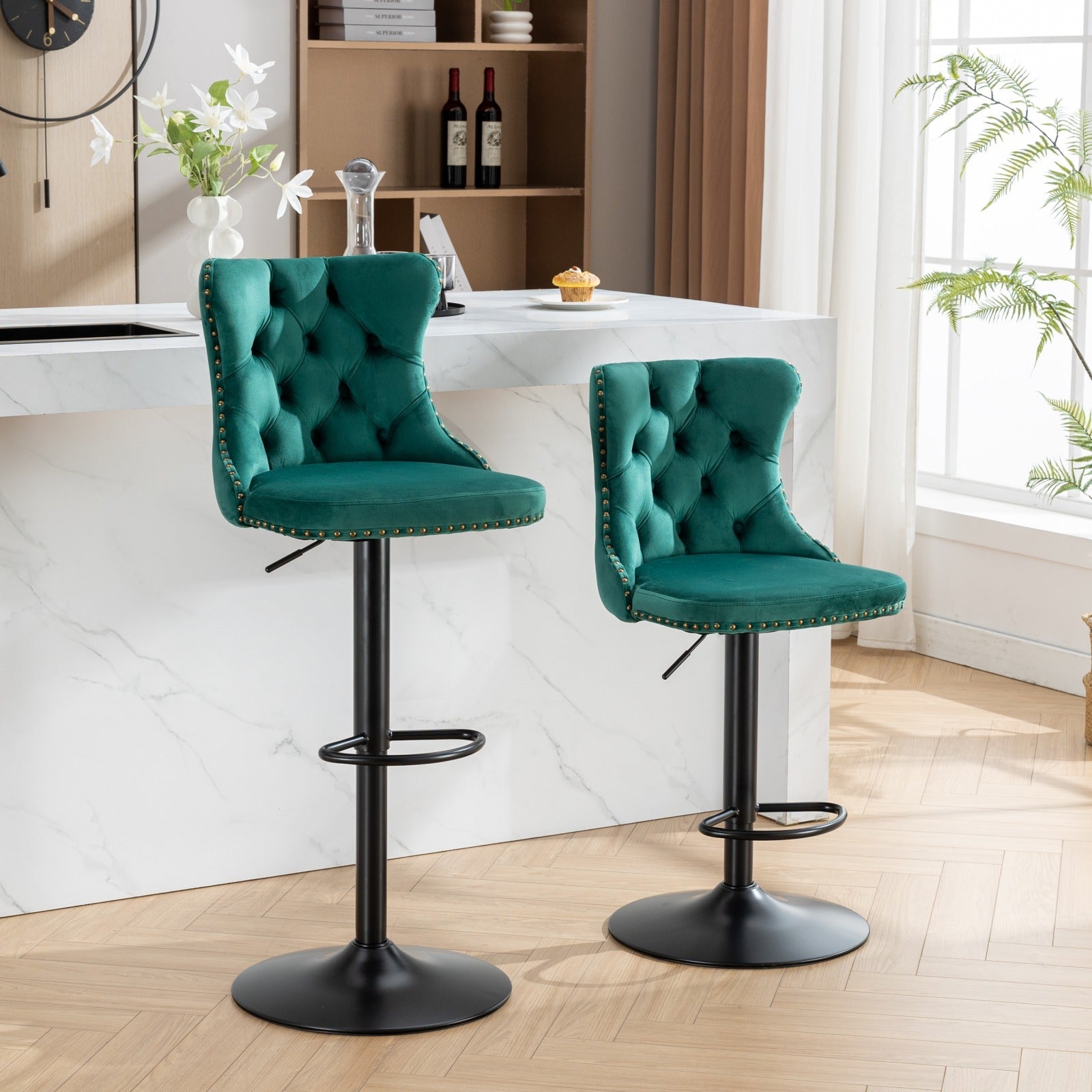 Swivel Velvet Barstools Adjusatble Seat Height From 25 33 Inch,17.7Inch Base, Modern Upholstered Bar Stools With Backs Comfortable Tufted For Home Pub And Kitchen Island,Green,Set Of 2,Sw1812Gn Green Dining Room American Design Foam Velvet