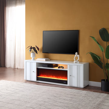 Reid 70.5" White Finish Tv Stand With Fireplace And Speaker White Wood