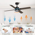 46 Inch Downrod Ceiling Fans With Lights And Remote Control, Modern Outdoor Indoor Dark 4 Blades Led Lights Smart Ceiling Fans For Bedroom, Living Room, And Patios Brown Black Wood Stainless Steel