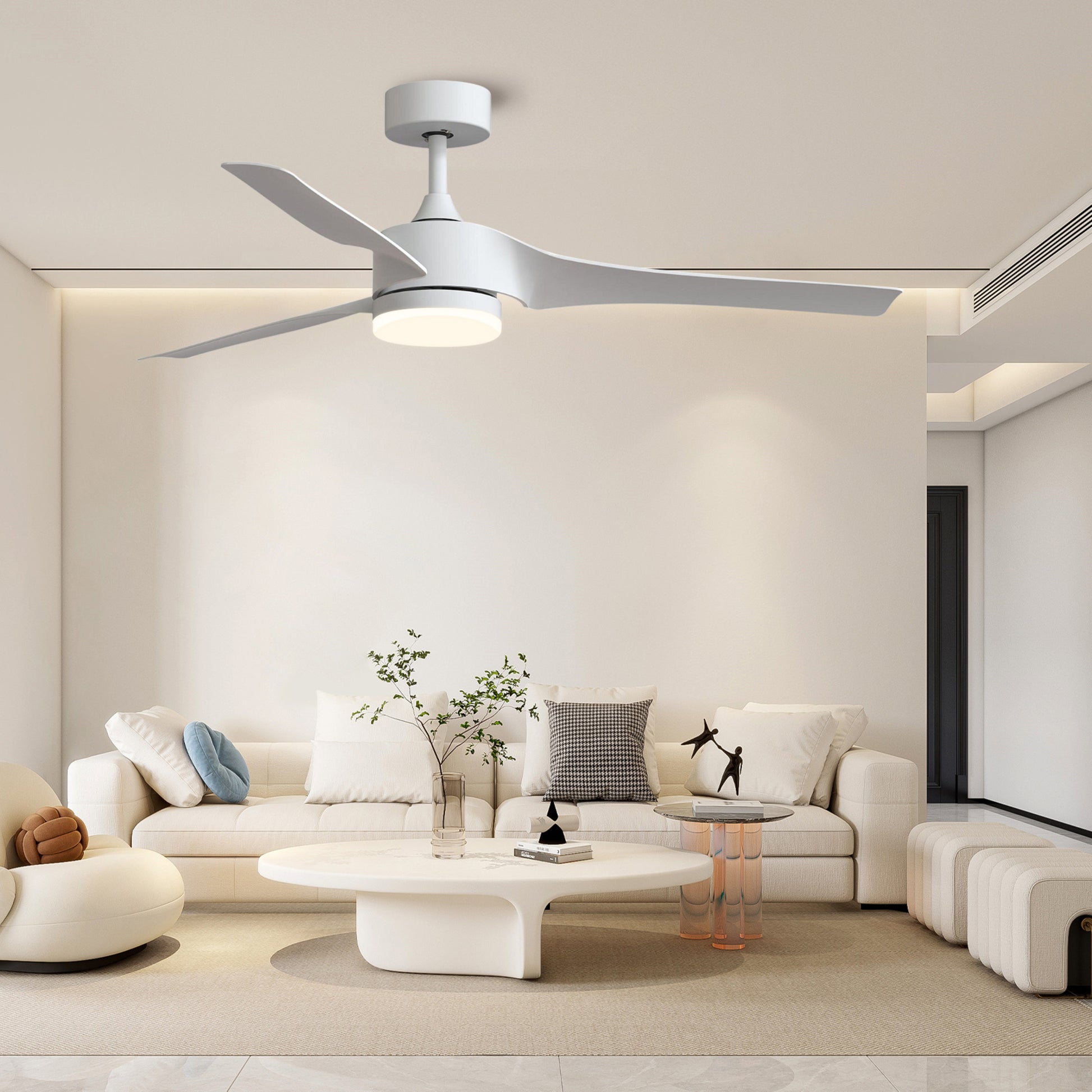 52 Inch Downrod Ceiling Fans With Lights And Remote Control, Modern Outdoor Indoor White 3 Blades Led Lights Smart Ceiling Fans For Bedroom, Living Room, And Patios White Abs Steel Q235