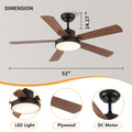 52 Inch Downrod Ceiling Fans With Lights And Remote Control, Modern Outdoor Indoor Wood And Dark 5 Blades Led Lights Smart Ceiling Fans For Bedroom, Living Room, And Patios Set Of 2 Brown Black Wood