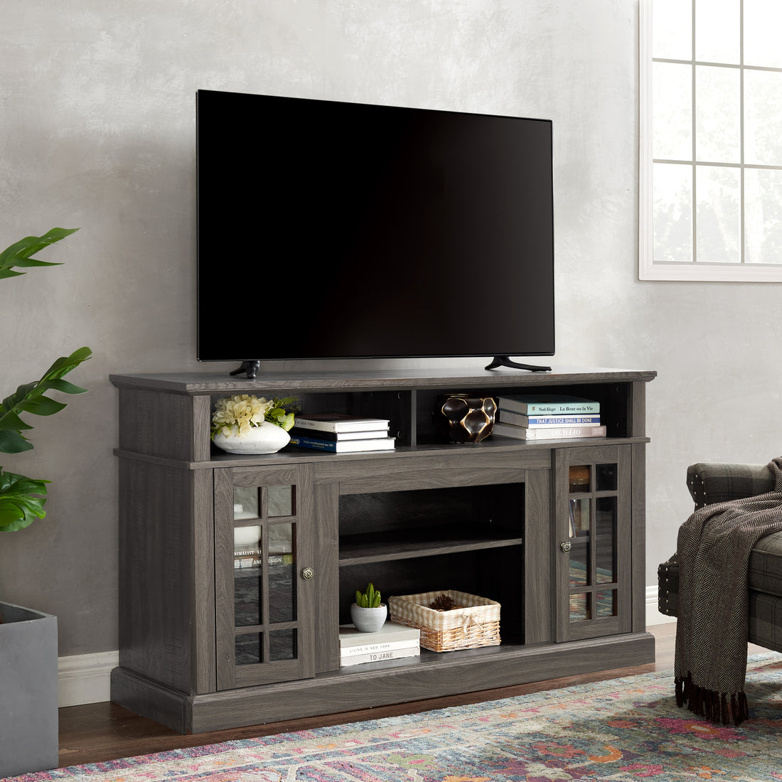 Classic Tv Media Stand Modern Entertainment Console For Tv Up To 65" With Open And Closed Storage Space, Dark Walnut Black, 58.25"W*15.75"D*32"H Black Dark Walnut Primary Living Space 60 69 Inches 60 69 Inches 65 Inches Mdf