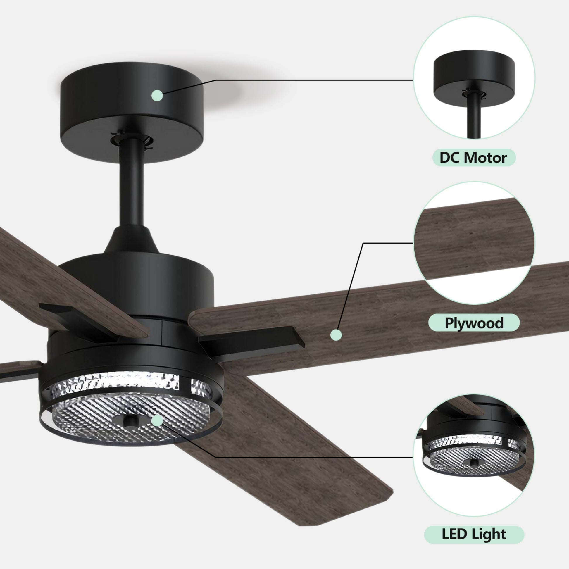 46 Inch Downrod Ceiling Fans With Lights And Remote Control, Modern Outdoor Indoor Dark 4 Blades Led Lights Smart Ceiling Fans For Bedroom, Living Room, And Patios Brown Black Wood Stainless Steel