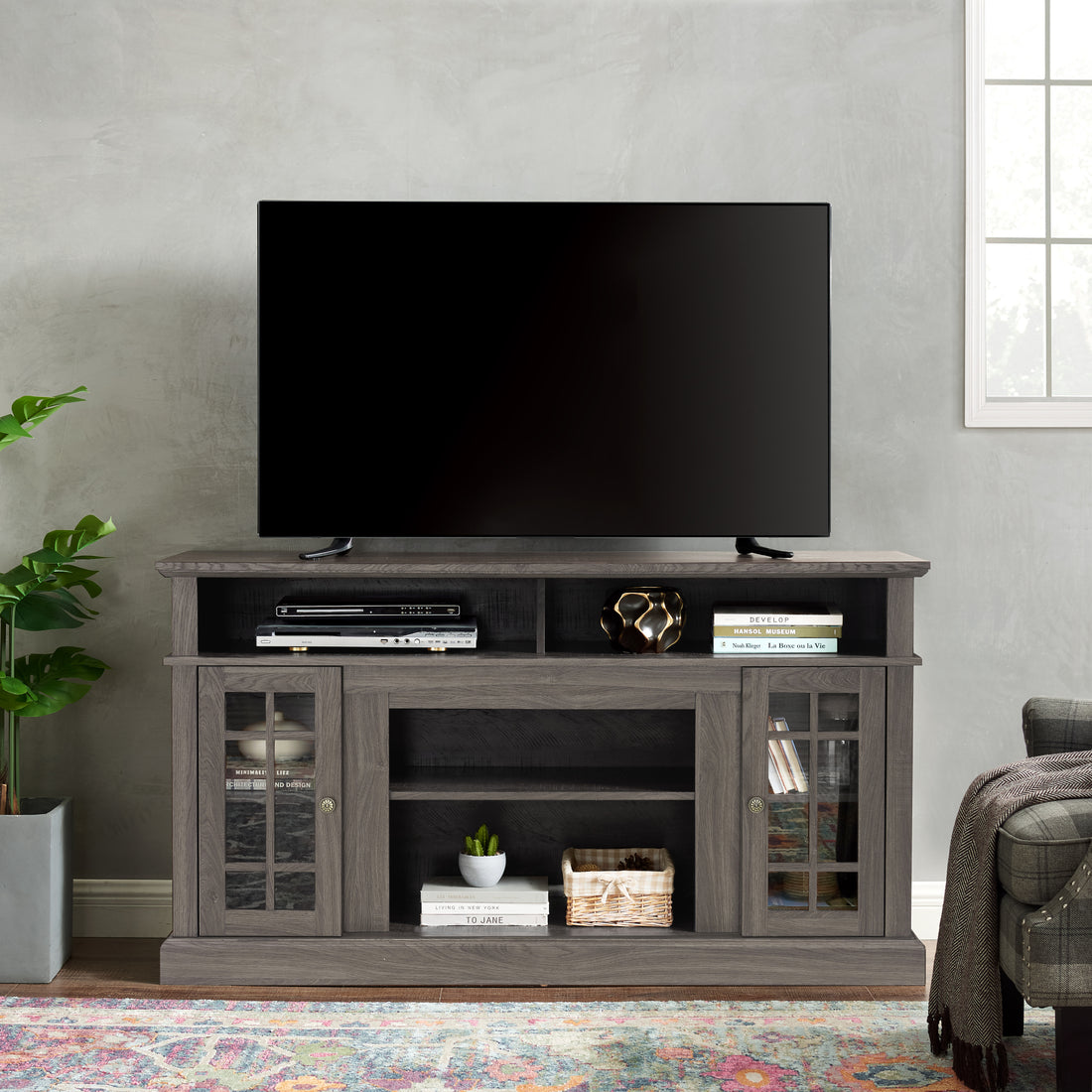 Classic Tv Media Stand Modern Entertainment Console For Tv Up To 65" With Open And Closed Storage Space, Dark Walnut Black, 58.25"W*15.75"D*32"H Black Dark Walnut Primary Living Space 60 69 Inches 60 69 Inches 65 Inches Mdf