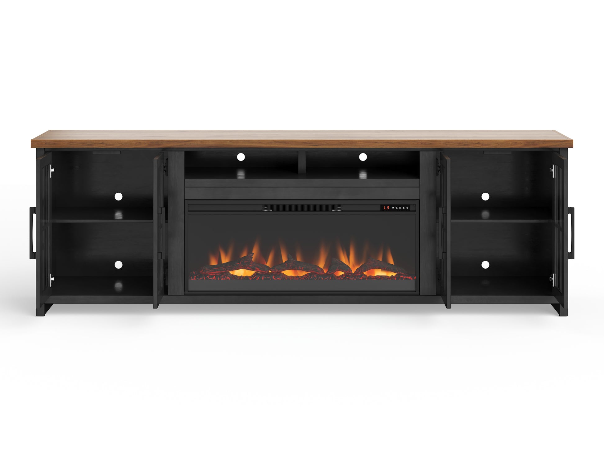 Essex 97 Inch Fireplace Tv Stand Console For Tvs Up To 100 Inches, Minimal Assembly, Black And Whiskey Finish 41 50 Electric No Black 400 Vent Free Primary Living Space Coastal,Farmhouse Poplar Yes Insert Wood Electric