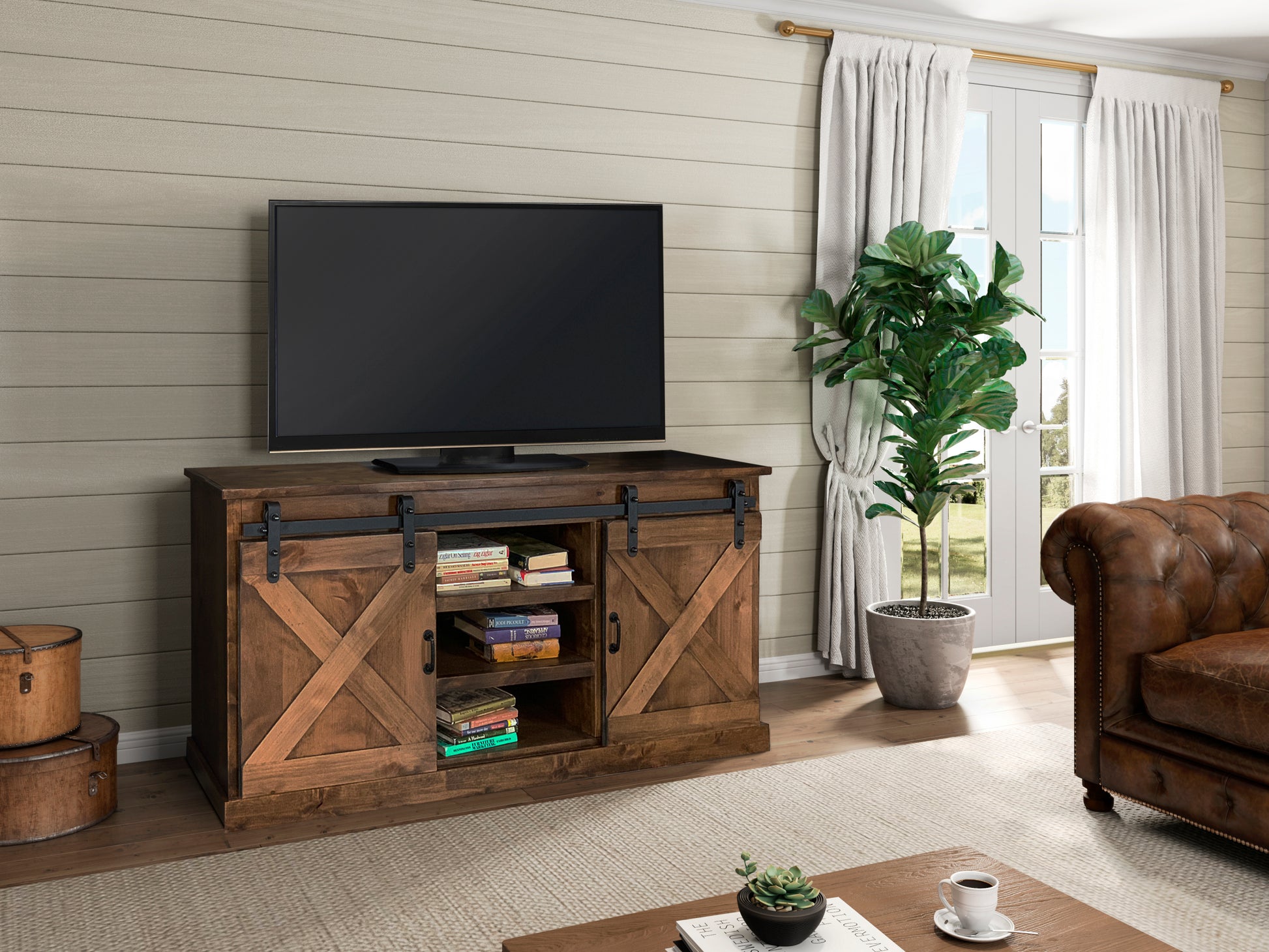 Farmhouse 66 Inch Tv Stand Console For Tvs Up To 80 Inches, No Assembly Required, Aged Whiskey Finish Brown Brown Primary Living Space 60 69 Inches 80 89 Inches Farmhouse,Lodge,Rustic Alder 80 Inches Wood