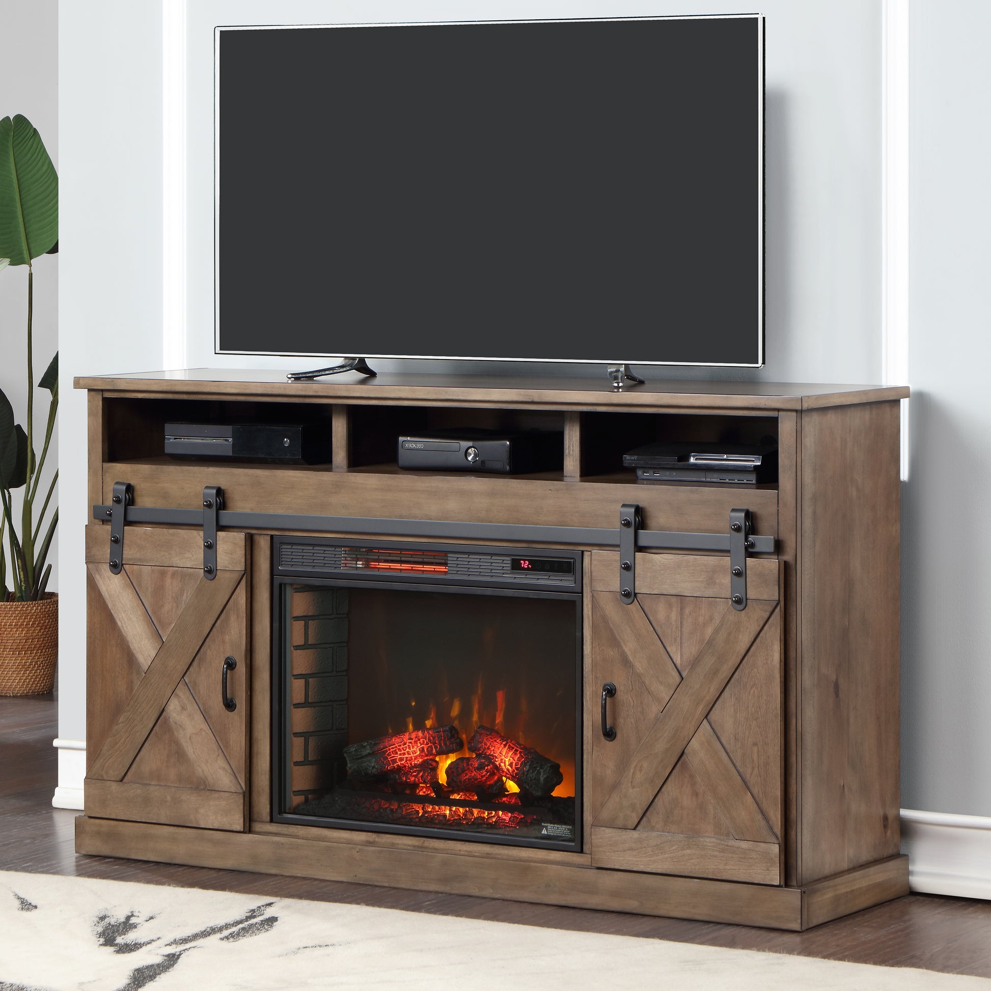 Farmhouse 66 Inch Electric Fireplace Tv Stand For Tvs Up To 80 Inches, Minimal Assembly, Barnwood Finish Electric Brown Primary Living Space Alder Yes Insert Electric Up To 40 No Brown 400 Vent Free Farmhouse,Lodge,Rustic Wood