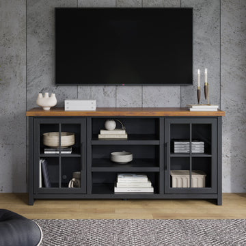 Essex 67 Inch Tv Stand Console For Tvs Up To 80 Inches, No Assembly Required, Black And Whiskey Finish Black Primary Living Space 60 69 Inches 70 79 Inches Coastal,Farmhouse Poplar 80 Inches Wood