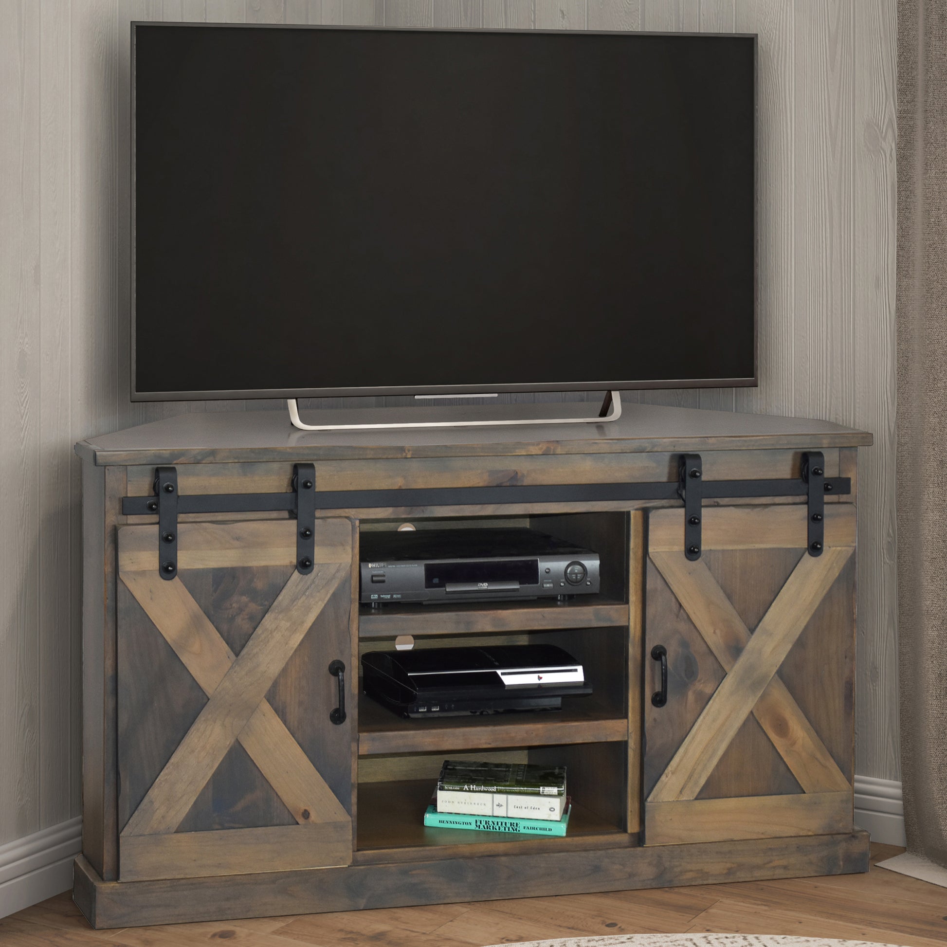 Farmhouse 66 Inch Corner Tv Stand For Tvs Up To 80 Inches, No Assembly Required, Barnwood Finish Brown Brown Primary Living Space 60 69 Inches 80 89 Inches Farmhouse,Lodge,Rustic Alder 80 Inches Wood