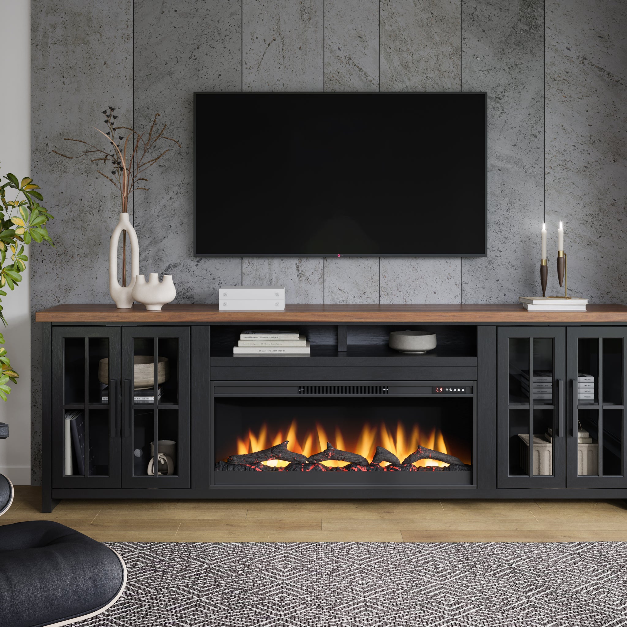 Essex 97 Inch Fireplace Tv Stand Console For Tvs Up To 100 Inches, Minimal Assembly, Black And Whiskey Finish 41 50 Electric No Black 400 Vent Free Primary Living Space Coastal,Farmhouse Poplar Yes Insert Wood Electric