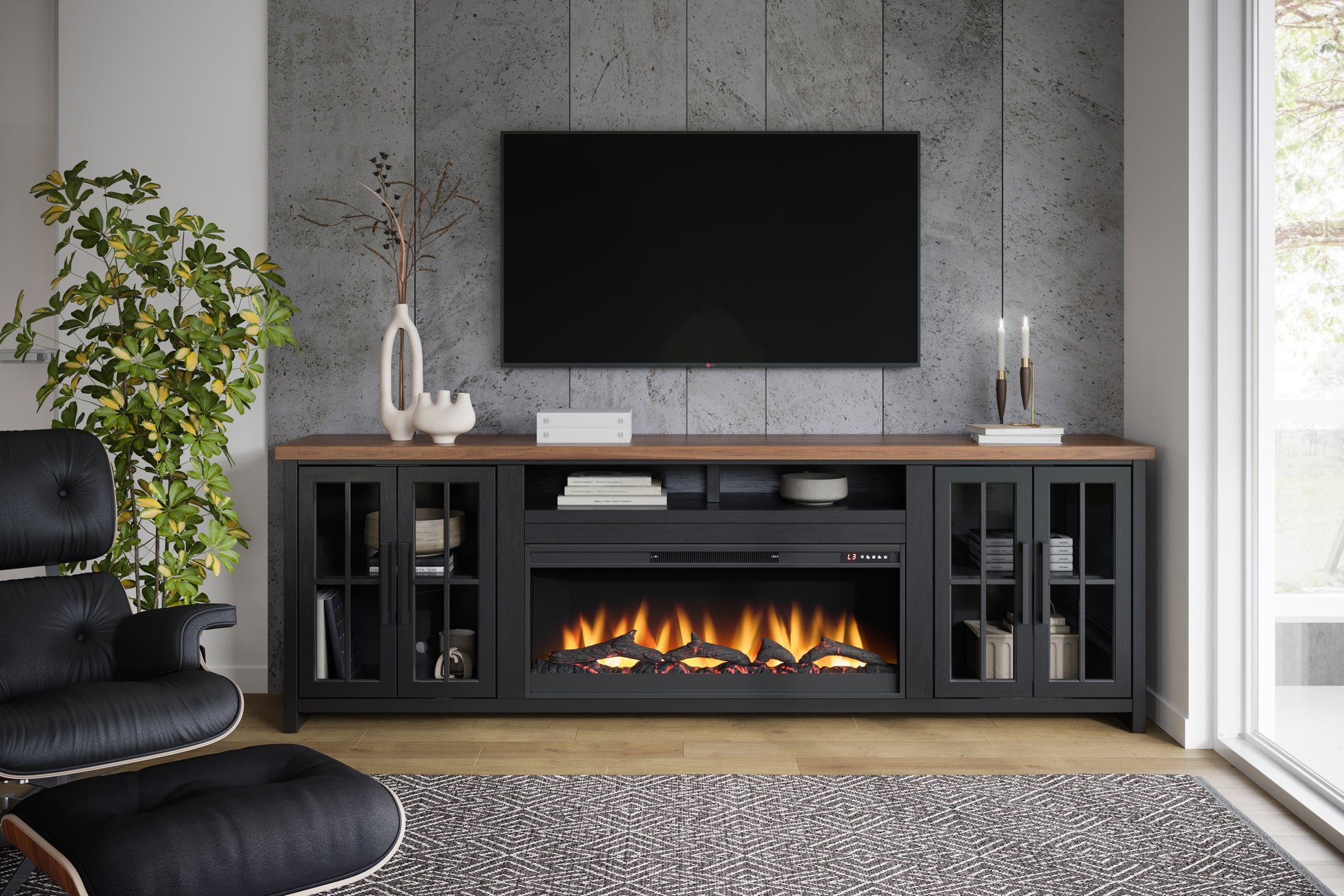 Essex 97 Inch Fireplace Tv Stand Console For Tvs Up To 100 Inches, Minimal Assembly, Black And Whiskey Finish 41 50 Electric No Black 400 Vent Free Primary Living Space Coastal,Farmhouse Poplar Yes Insert Wood Electric