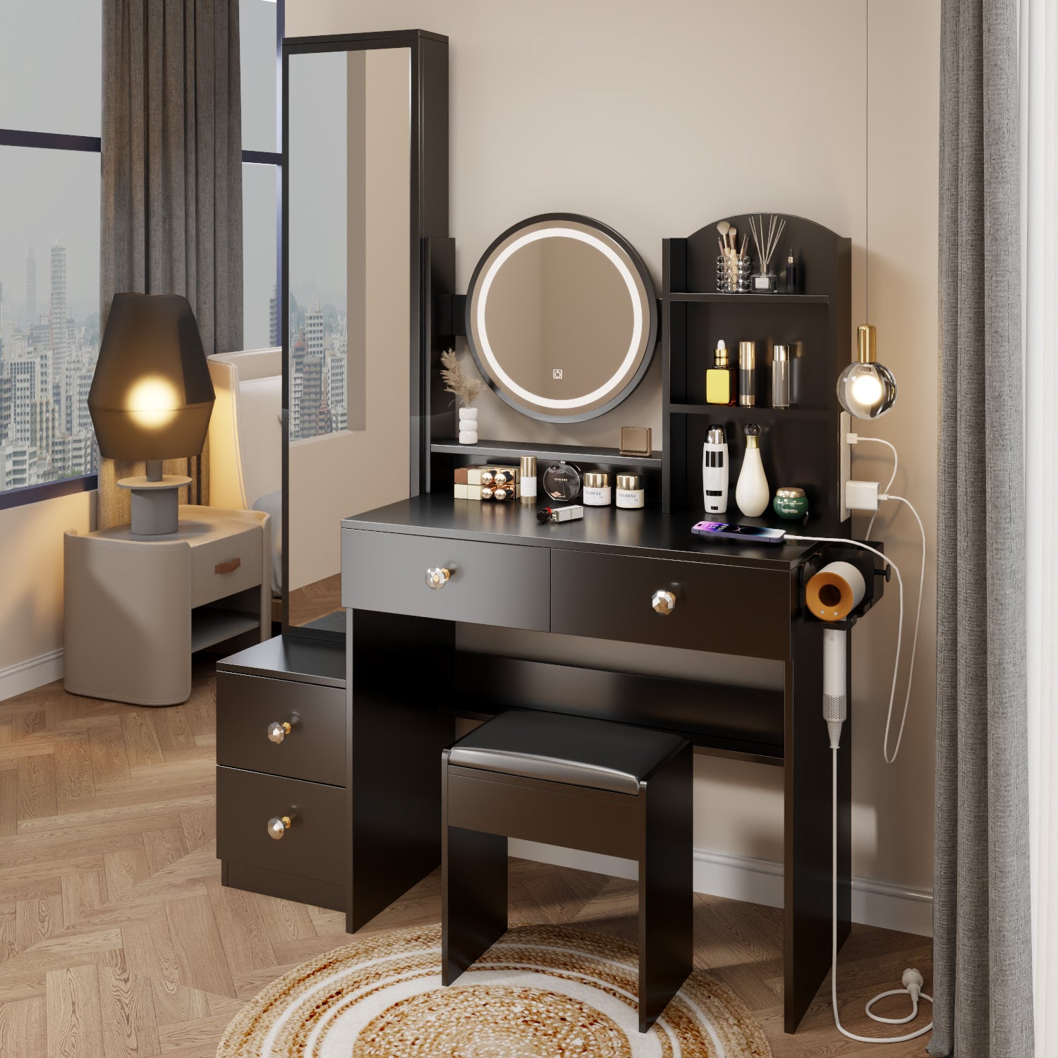 Full Body Mirror Cabinet Round Mirror Led Vanity Table Cushioned Stool, With 2 Ac 2 Usb Power Station,17" Diameter Led Mirror, Touch Control, 3 Color, Brightness Adjustable, Large Desktop Black Mdf