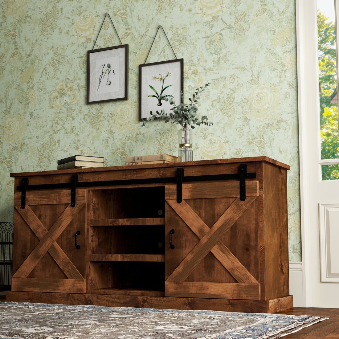 Farmhouse 66 Inch Tv Stand Console For Tvs Up To 80 Inches, No Assembly Required, Aged Whiskey Finish Brown Brown Primary Living Space 60 69 Inches 80 89 Inches Farmhouse,Lodge,Rustic Alder 80 Inches Wood