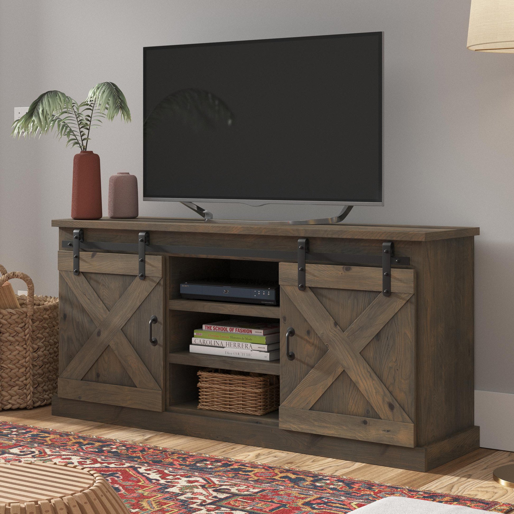 Farmhouse 66 Inch Tv Stand Console For Tvs Up To 80 Inches, No Assembly Required, Barnwood Finish Brown Brown Primary Living Space 60 69 Inches 80 89 Inches Farmhouse,Lodge,Rustic Alder 80 Inches