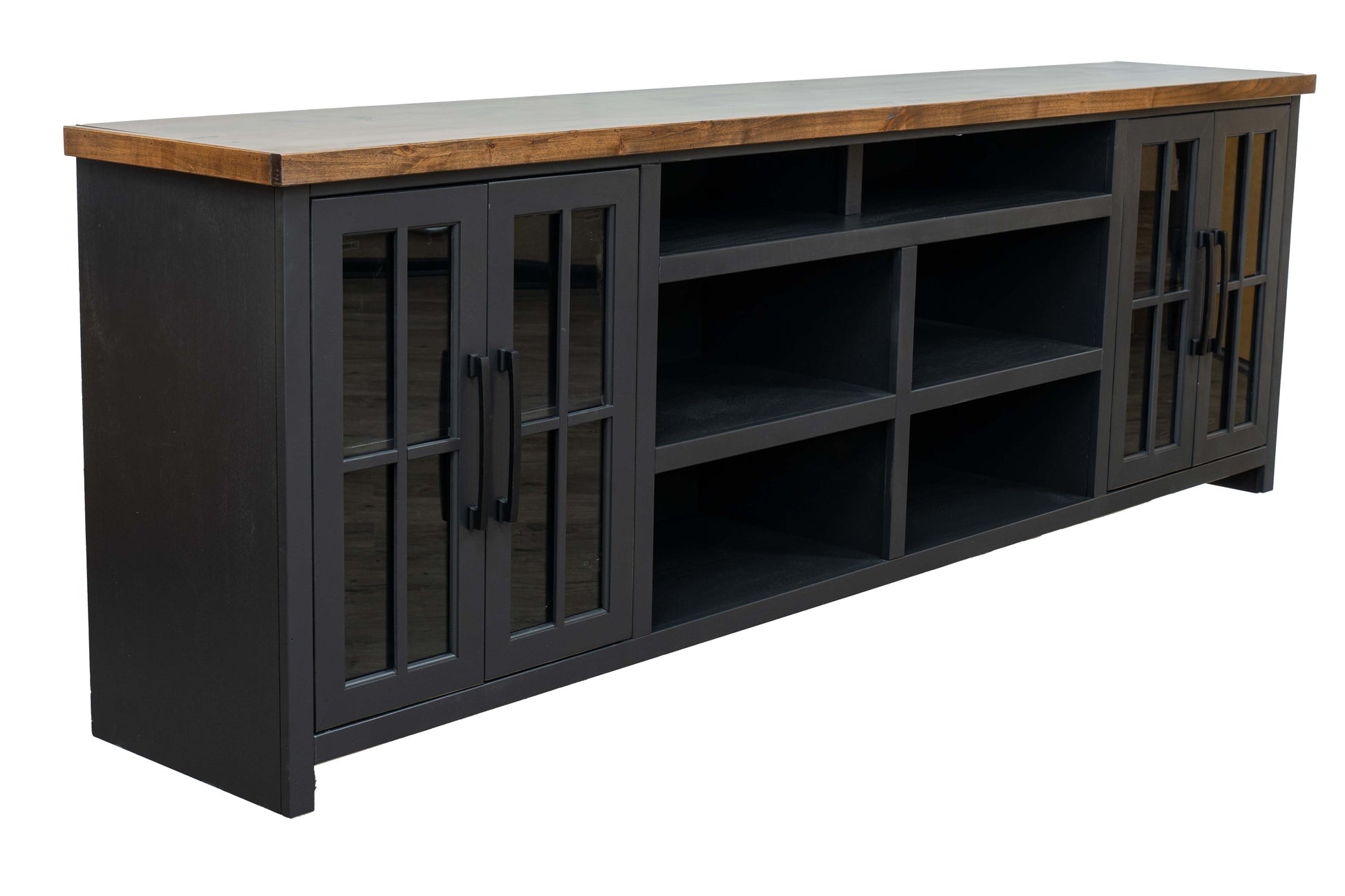 Essex 96 Inch Tv Stand Console For Tvs Up To 100 Inches, No Assembly Requried, Black And Whiskey Finish Black Primary Living Space 90 Inches Or Larger 90 Inches Or Larger Coastal,Farmhouse Poplar 85 Inches Wood