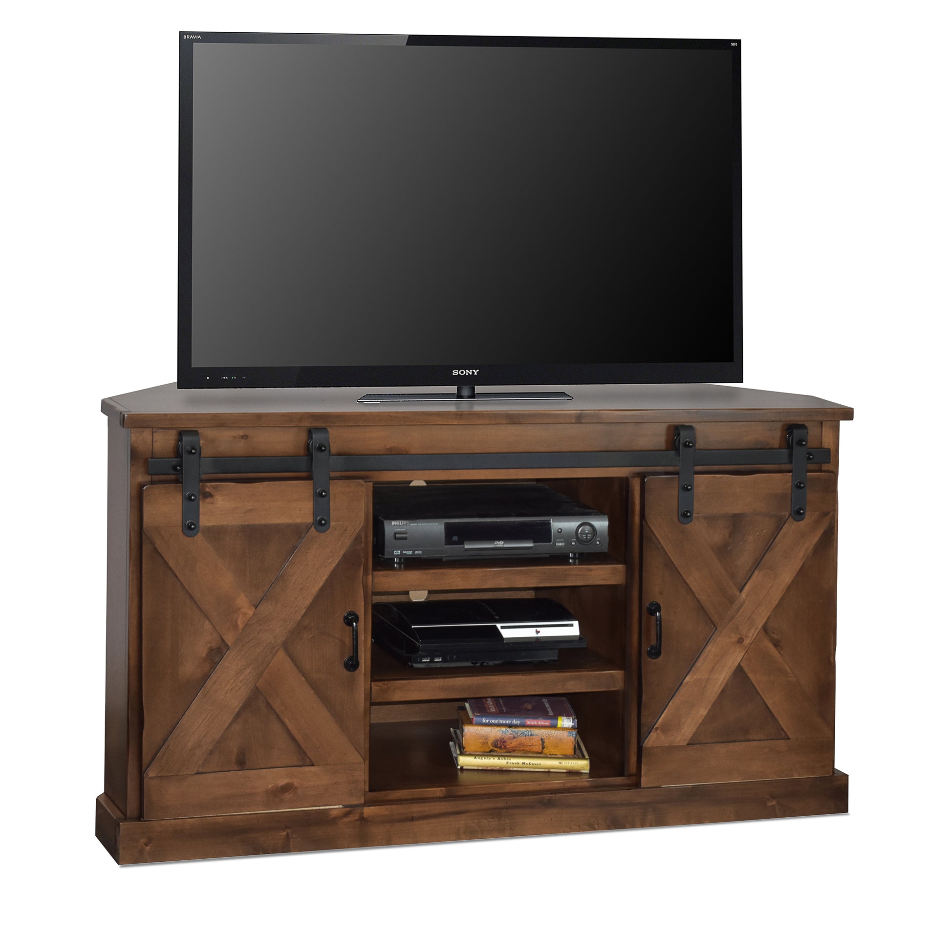 Farmhouse 56 Inch Corner Tv Stand For Tvs Up To 60 Inches, No Assembly Required, Aged Whiskey Finish Brown Brown Primary Living Space 50 59 Inches 60 69 Inches Farmhouse,Lodge,Rustic Alder 60 Inches Wood