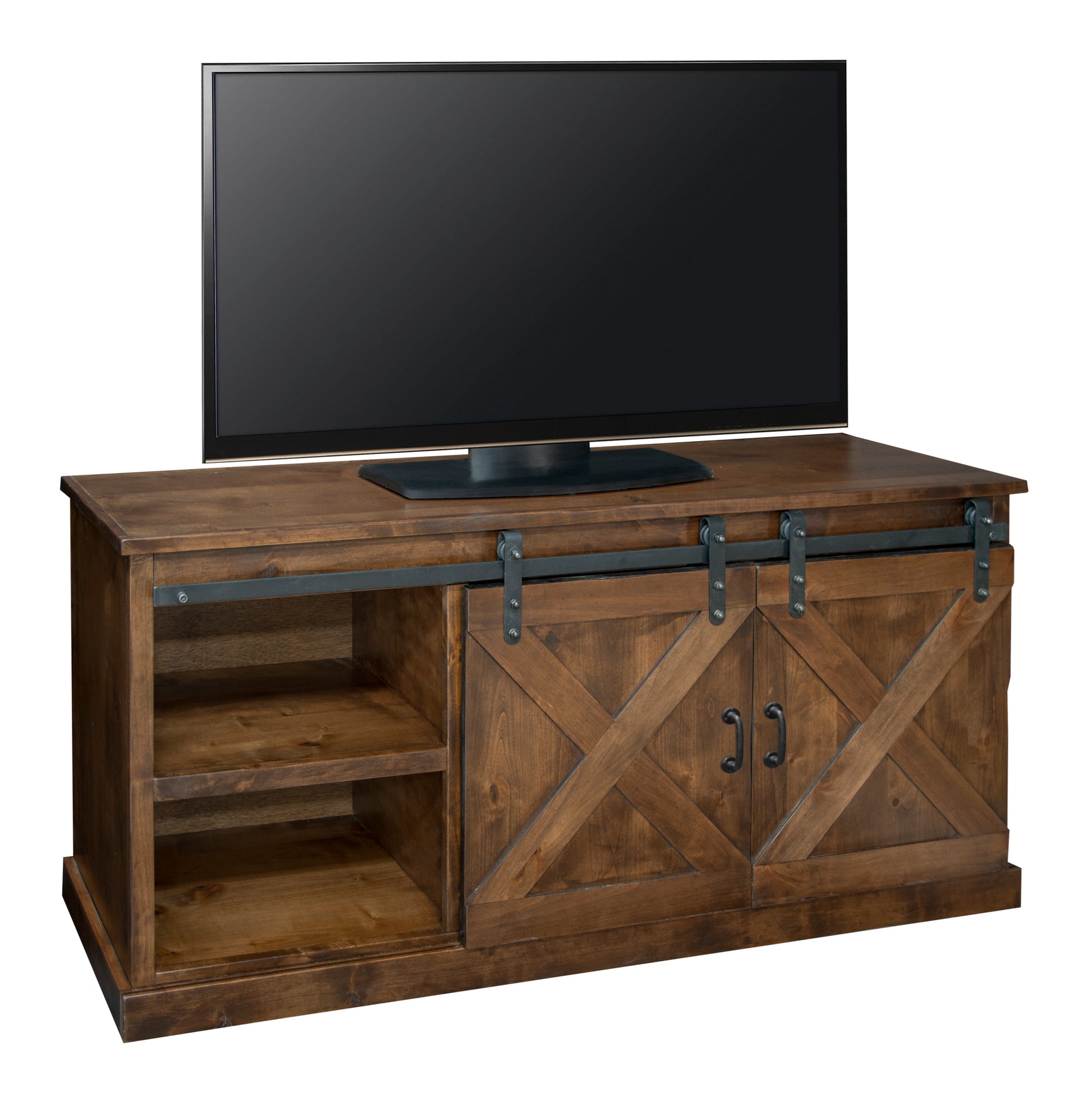 Farmhouse 66 Inch Tv Stand Console For Tvs Up To 80 Inches, No Assembly Required, Aged Whiskey Finish Brown Brown Primary Living Space 60 69 Inches 80 89 Inches Farmhouse,Lodge,Rustic Alder 80 Inches Wood