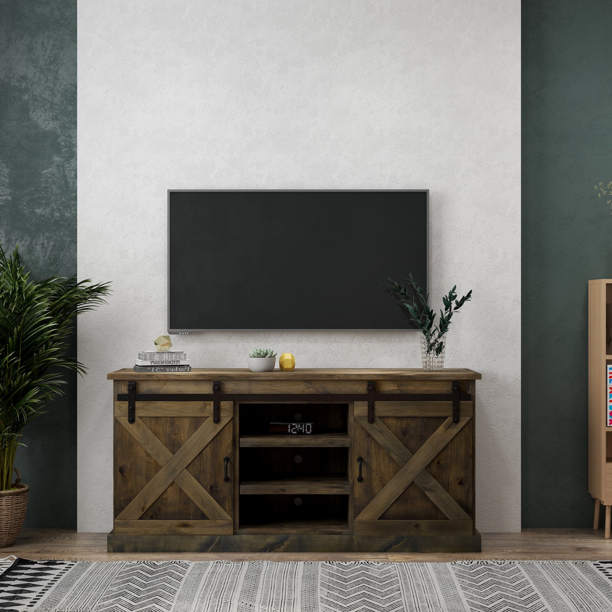 Farmhouse 66 Inch Tv Stand Console For Tvs Up To 80 Inches, No Assembly Required, Barnwood Finish Brown Brown Primary Living Space 60 69 Inches 80 89 Inches Farmhouse,Lodge,Rustic Alder 80 Inches