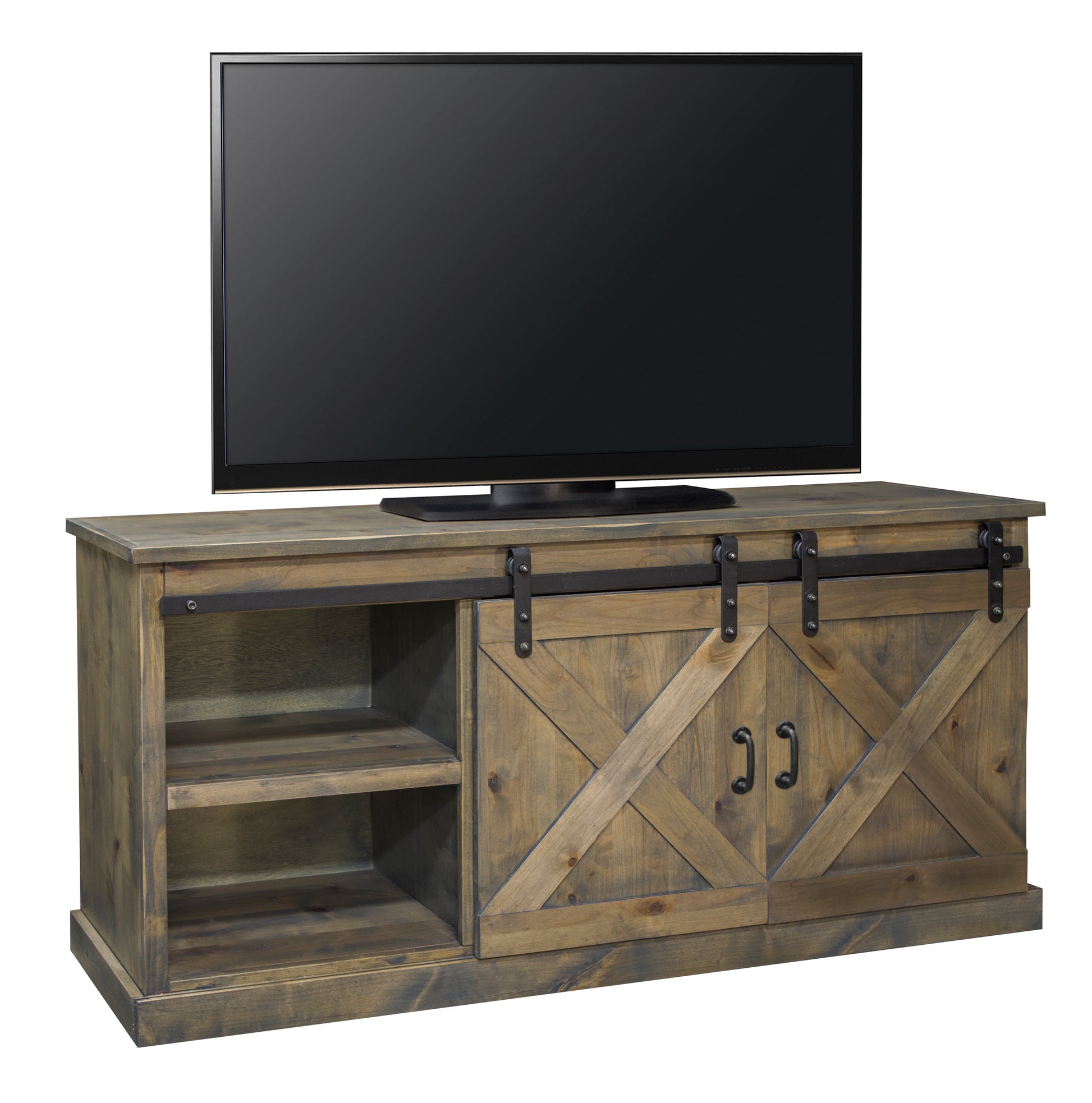 Farmhouse 66 Inch Tv Stand Console For Tvs Up To 80 Inches, No Assembly Required, Barnwood Finish Brown Brown Primary Living Space 60 69 Inches 80 89 Inches Farmhouse,Lodge,Rustic Alder 80 Inches