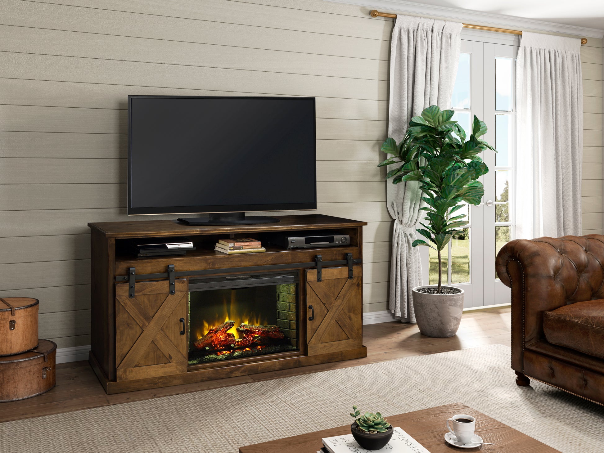 Farmhouse 66 Inch Electric Fireplace Tv Stand For Tvs Up To 80 Inches, Minimal Assembly, Aged Whiskey Finish Electric Brown Primary Living Space Alder Yes Insert Electric Up To 40 No Brown 400 Vent Free Farmhouse,Lodge,Rustic Wood