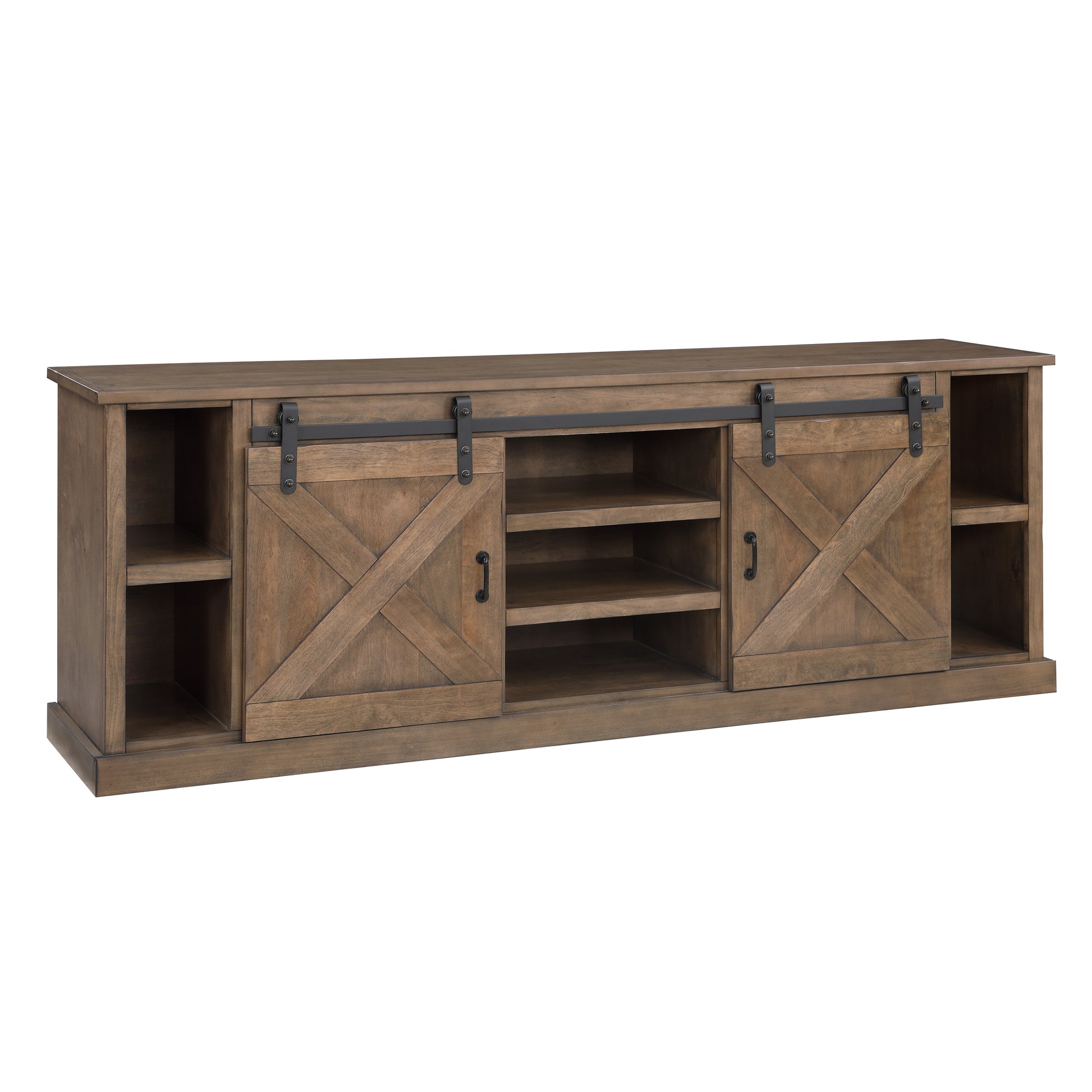 Farmhouse 85 Inch Tv Stand Console For Tvs Up To 95 Inches, No Assembly Required, Barnwood Finish Brown Brown Primary Living Space 80 89 Inches 90 Inches Or Larger Farmhouse,Lodge,Rustic Alder 85 Inches Wood