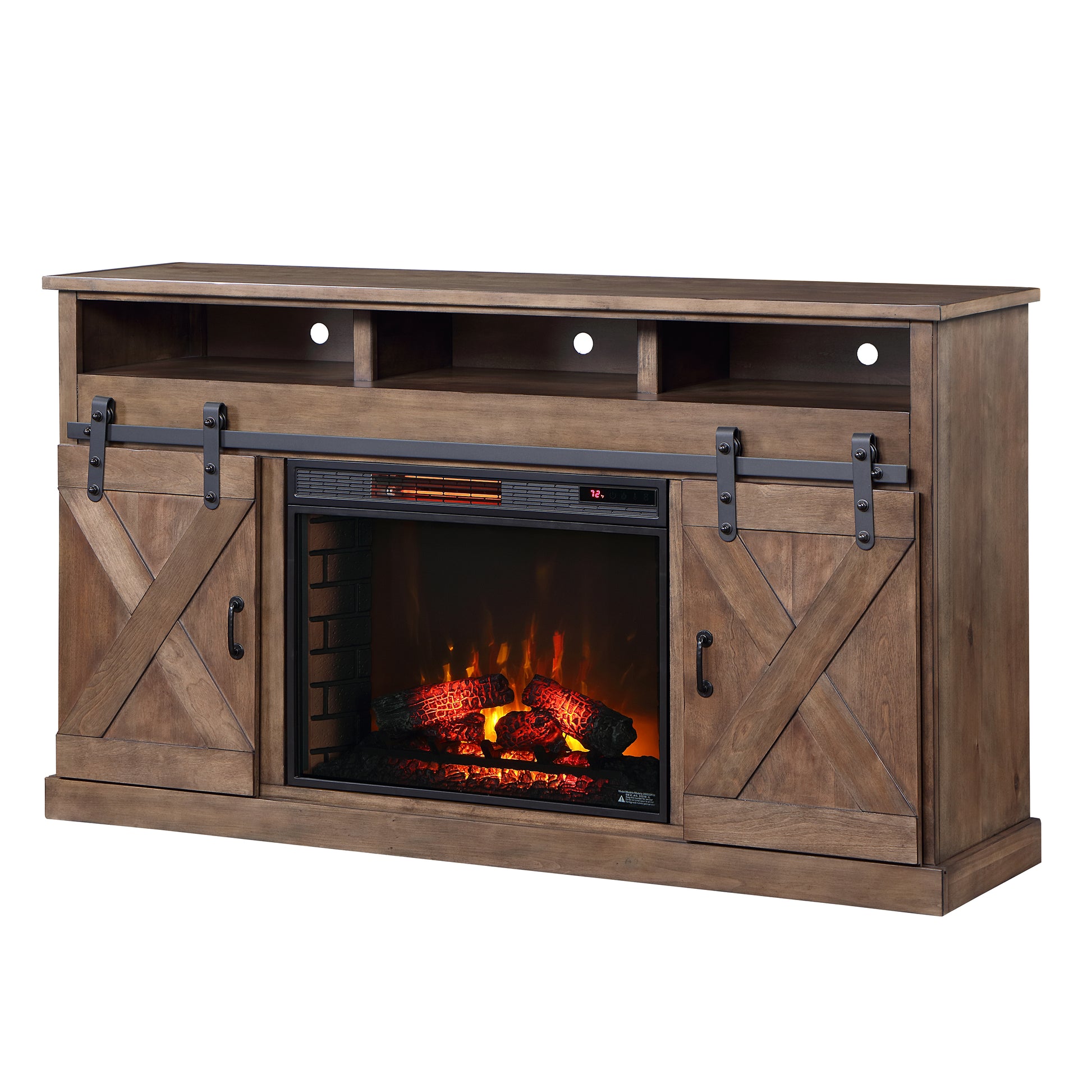 Farmhouse 66 Inch Electric Fireplace Tv Stand For Tvs Up To 80 Inches, Minimal Assembly, Barnwood Finish Electric Brown Primary Living Space Alder Yes Insert Electric Up To 40 No Brown 400 Vent Free Farmhouse,Lodge,Rustic Wood