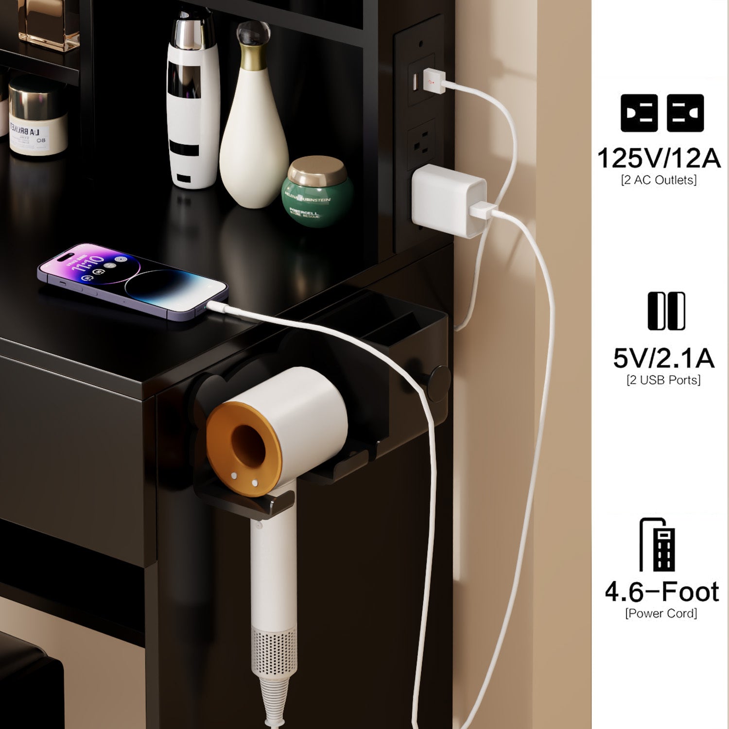 Full Body Mirror Cabinet Round Mirror Led Vanity Table Cushioned Stool, With 2 Ac 2 Usb Power Station,17" Diameter Led Mirror, Touch Control, 3 Color, Brightness Adjustable, Large Desktop Black Mdf