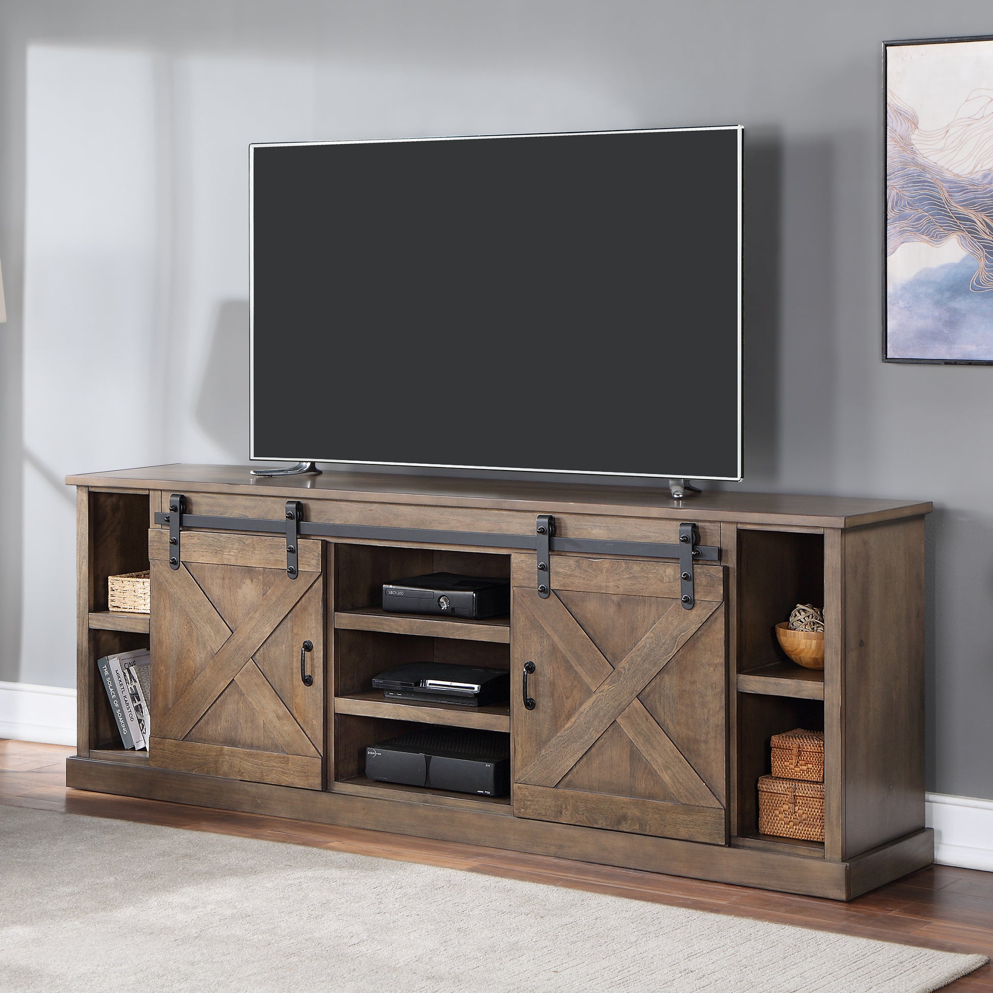 Farmhouse 85 Inch Tv Stand Console For Tvs Up To 95 Inches, No Assembly Required, Barnwood Finish Brown Brown Primary Living Space 80 89 Inches 90 Inches Or Larger Farmhouse,Lodge,Rustic Alder 85 Inches Wood