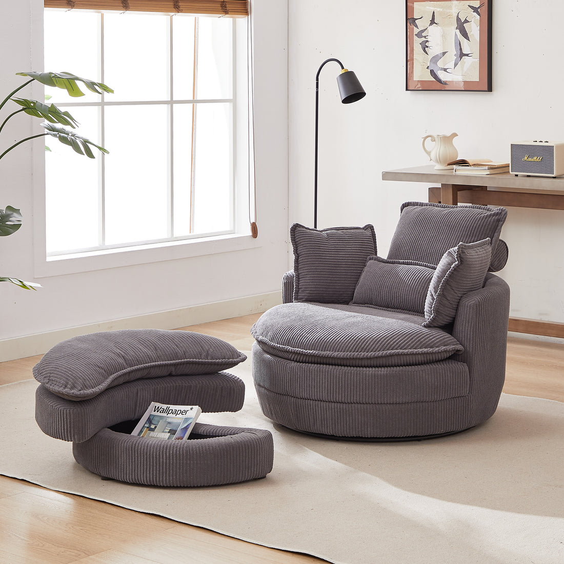 38"W Oversized Swivel Chair With Moon Storage Ottoman For Living Room, Modern Accent Round Loveseat Circle Swivel Barrel Chairs For Bedroom Cuddle Sofa Chair Lounger Armchair, 4 Pillows,Corduroy Grey Foam Corduroy