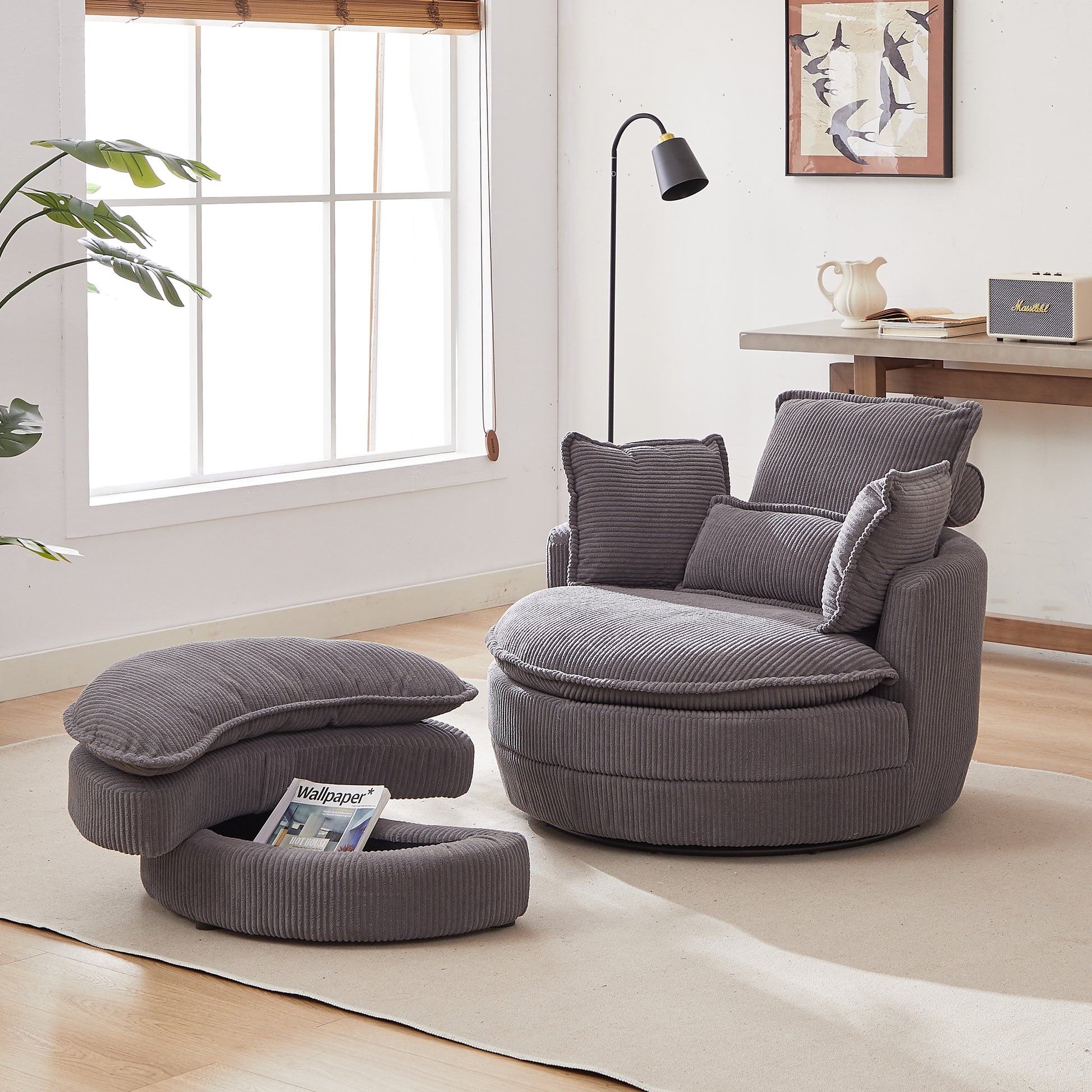 38"W Oversized Swivel Chair With Moon Storage Ottoman For Living Room, Modern Accent Round Loveseat Circle Swivel Barrel Chairs For Bedroom Cuddle Sofa Chair Lounger Armchair, 4 Pillows,Corduroy Grey Foam Corduroy