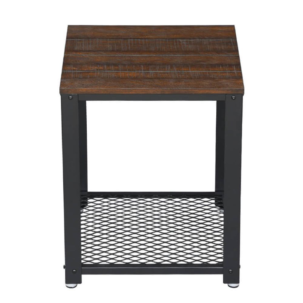 Matt 22 Inch Metal Framed End Side Table, Wood Top, Wire Mesh Open Shelf, Brown, Black Black Brown Wood Metal