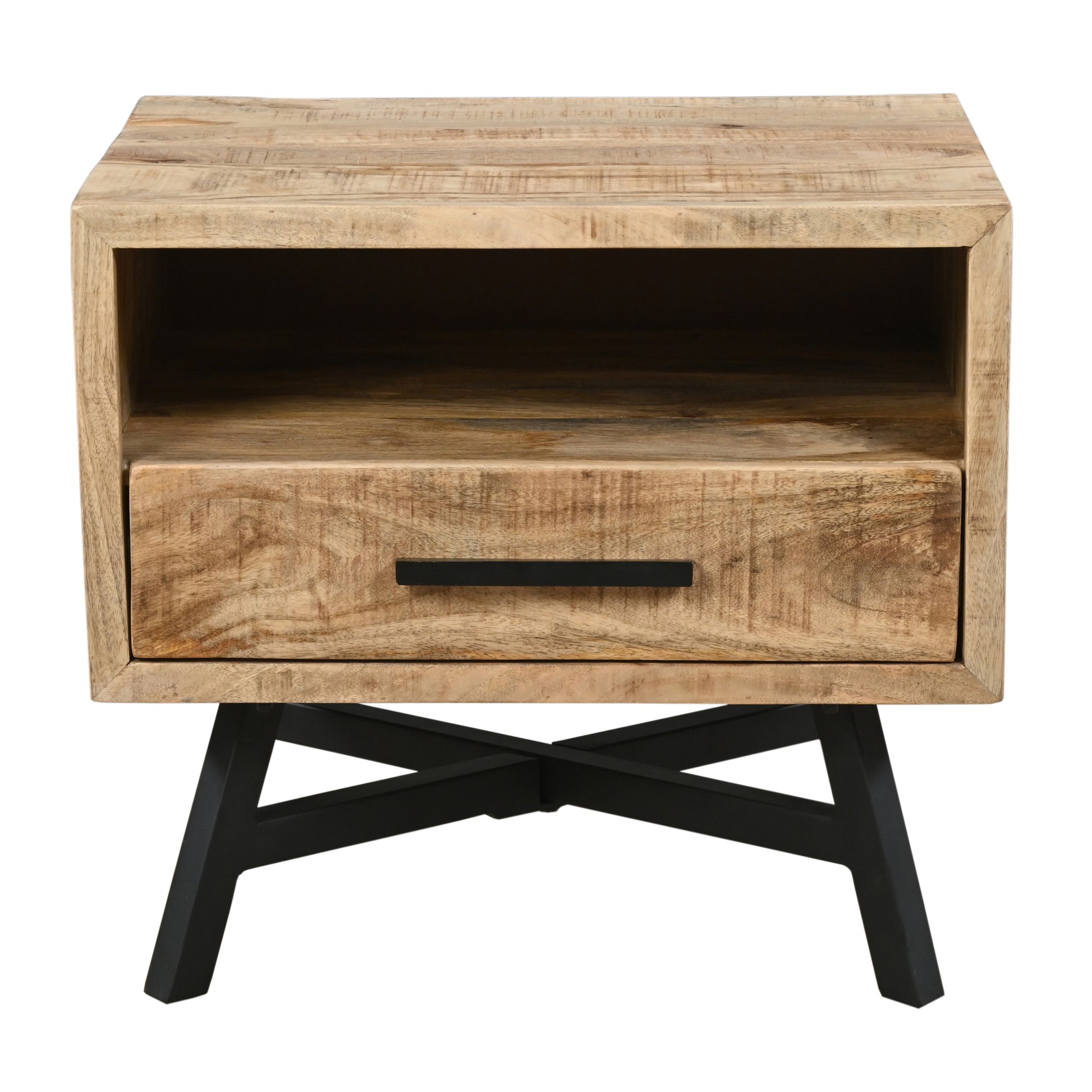 Bree 22 Inch Modern Rustic Single Drawer Nightstand, Brown Mango Wood Frame, Black Iron Angled Legs Brown Metal & Wood