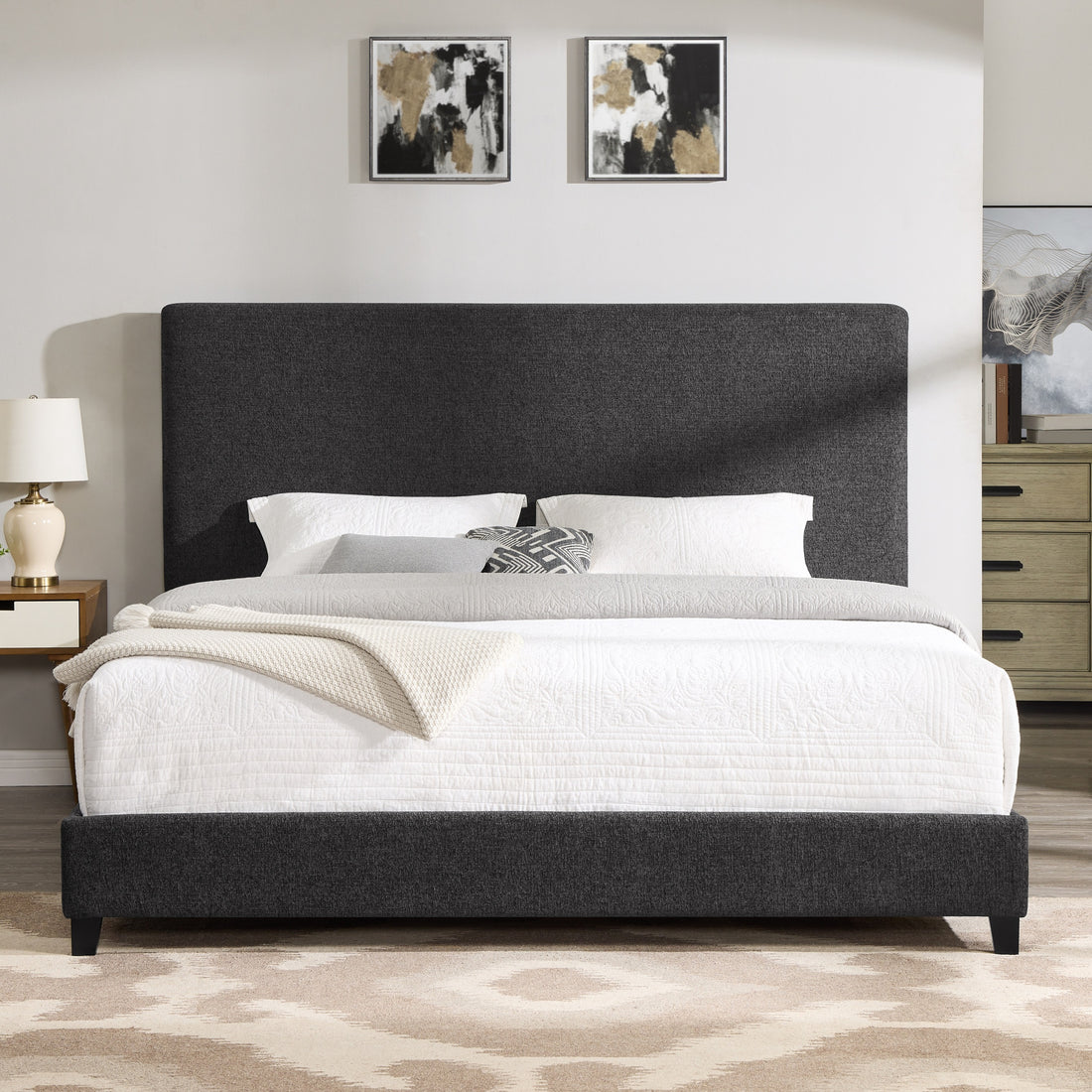 King Size Charcoal Grey Upholstered Platform Bed Box Spring Required King Grey Wood Bedroom Contemporary,Modern,Transitional Bed Frame Foam Polyester Polyester