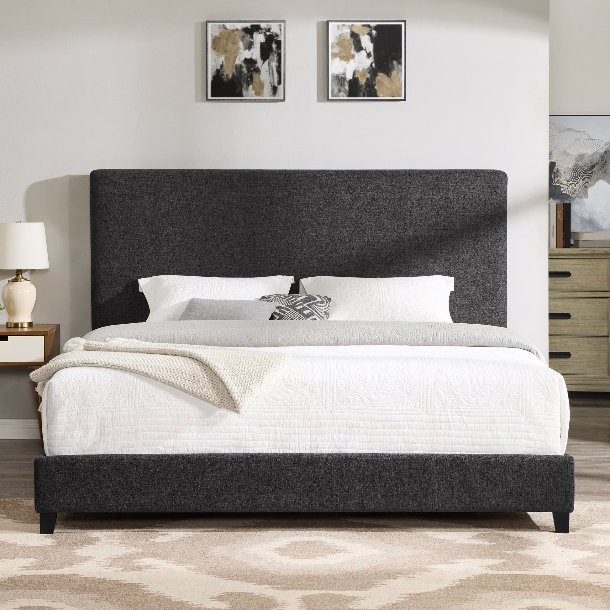 King Size Charcoal Grey Upholstered Platform Bed Box Spring Required King Grey Wood Bedroom Contemporary,Modern,Transitional Bed Frame Foam Polyester Polyester