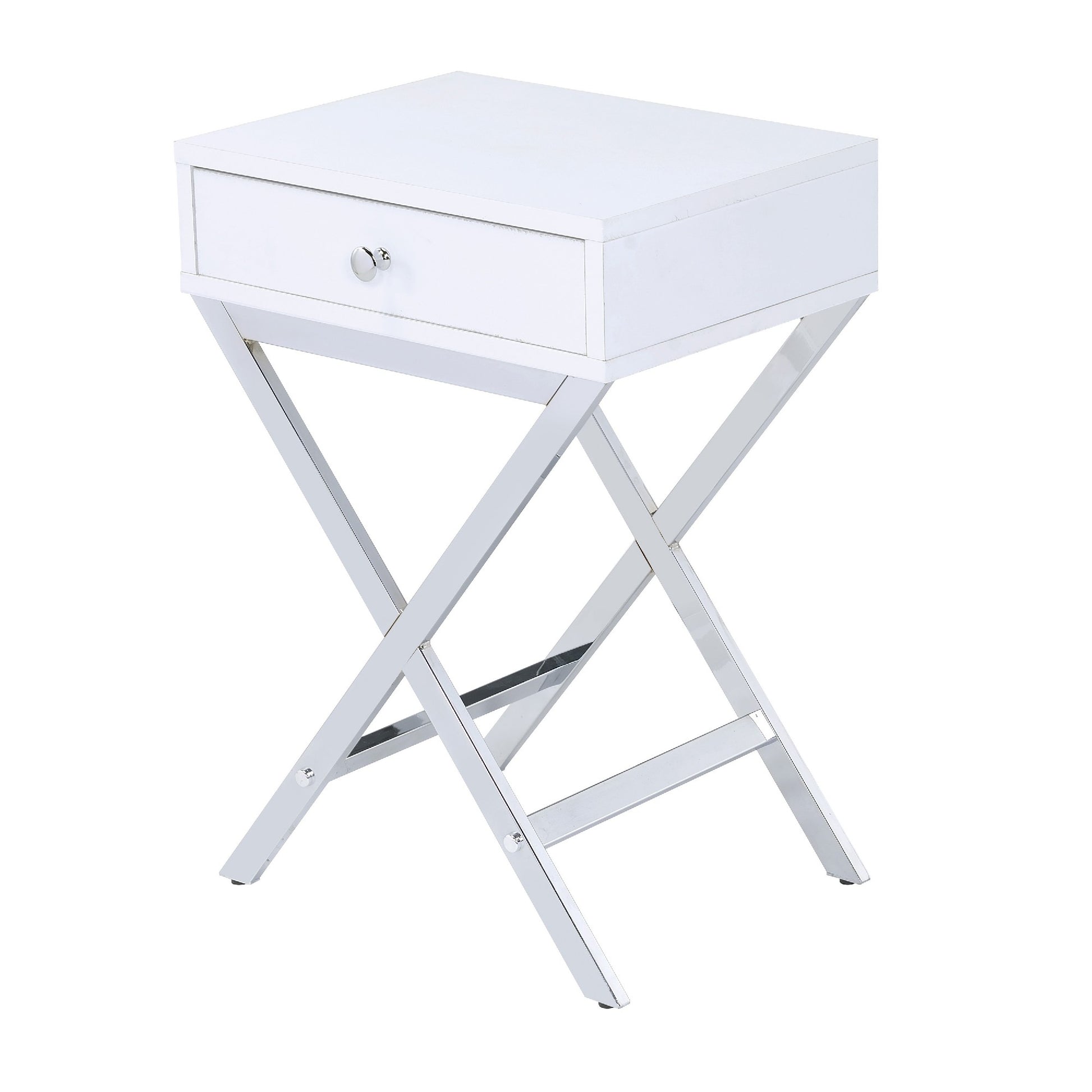 Wood And Metal Side Table With Crossed Base, White And Silver White Silver Wood Metal