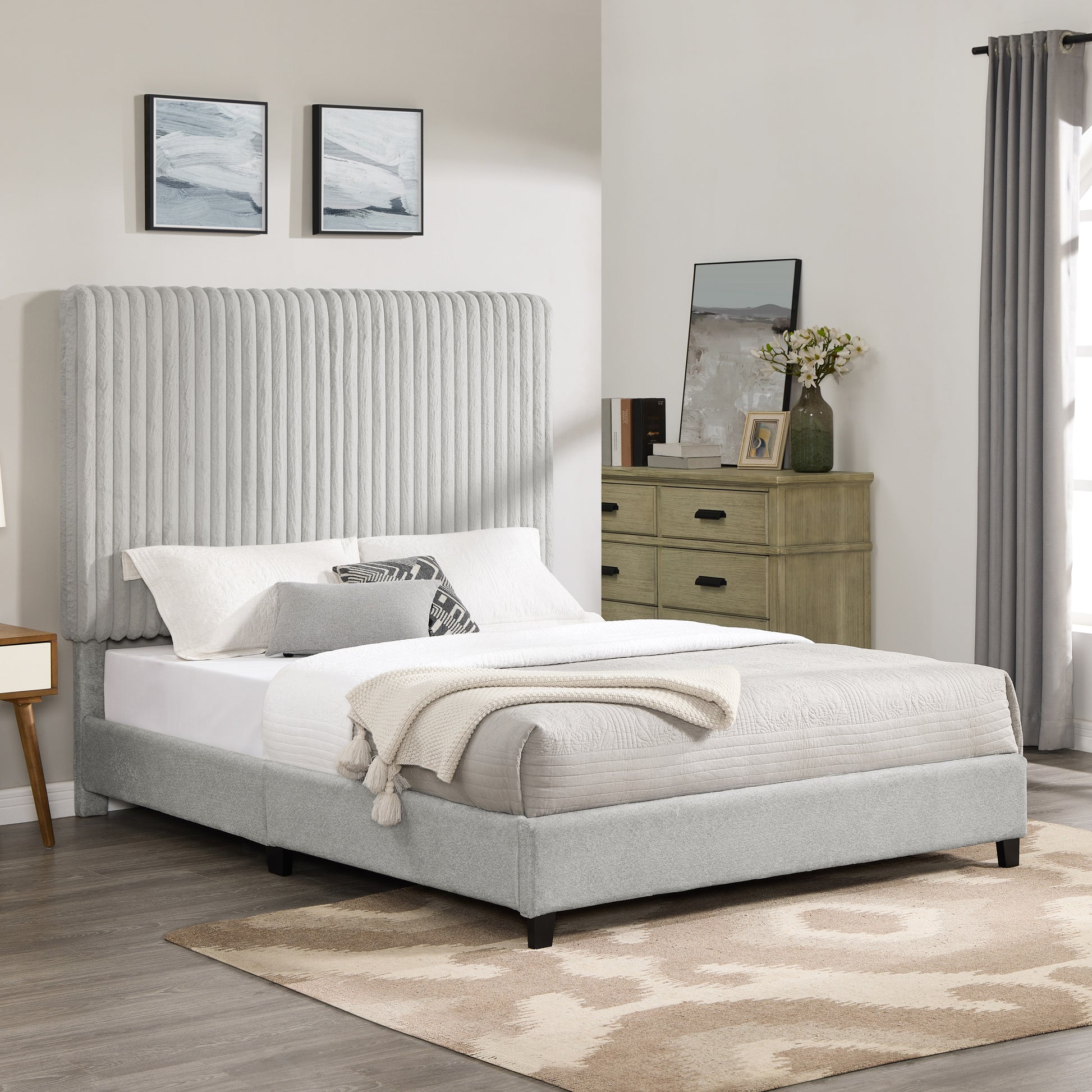 Queen Size Minky Stone Upholstered Platform Bed Box Spring Required Queen Stone Gray Wood Bedroom Contemporary,Modern,Transitional Bed Frame Foam Polyester Polyester