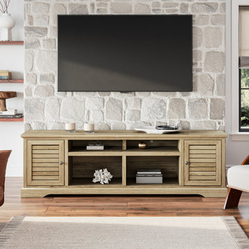 Topanga 83 Inch Tv Stand Console For Tvs Up To 95 Inches, No Assembly Required, Alabaster Finish Beige Primary Living Space 90 Inches Or Larger 90 Inches Or Larger Coastal,Rustic,Transitional Oak 85 Inches Wood