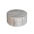 36 Inch Coffee Table, Handcrafted Drum Shape, Sandblasted Washed White Mango Wood White Solid Wood