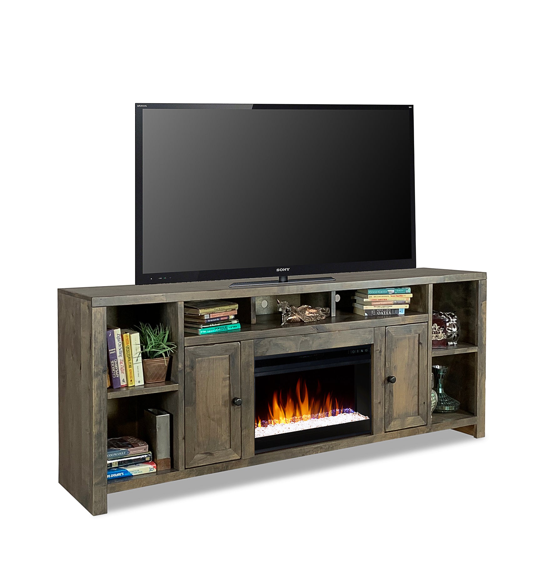 Joshua Creek 84 Inch Electric Fireplace Tv Stand For Tvs Up To 95 Inches, Minimal Assembly, Barnwood Finish Electric Brown Primary Living Space Alder Yes Insert Electric Up To 40 No Brown 400 Vent