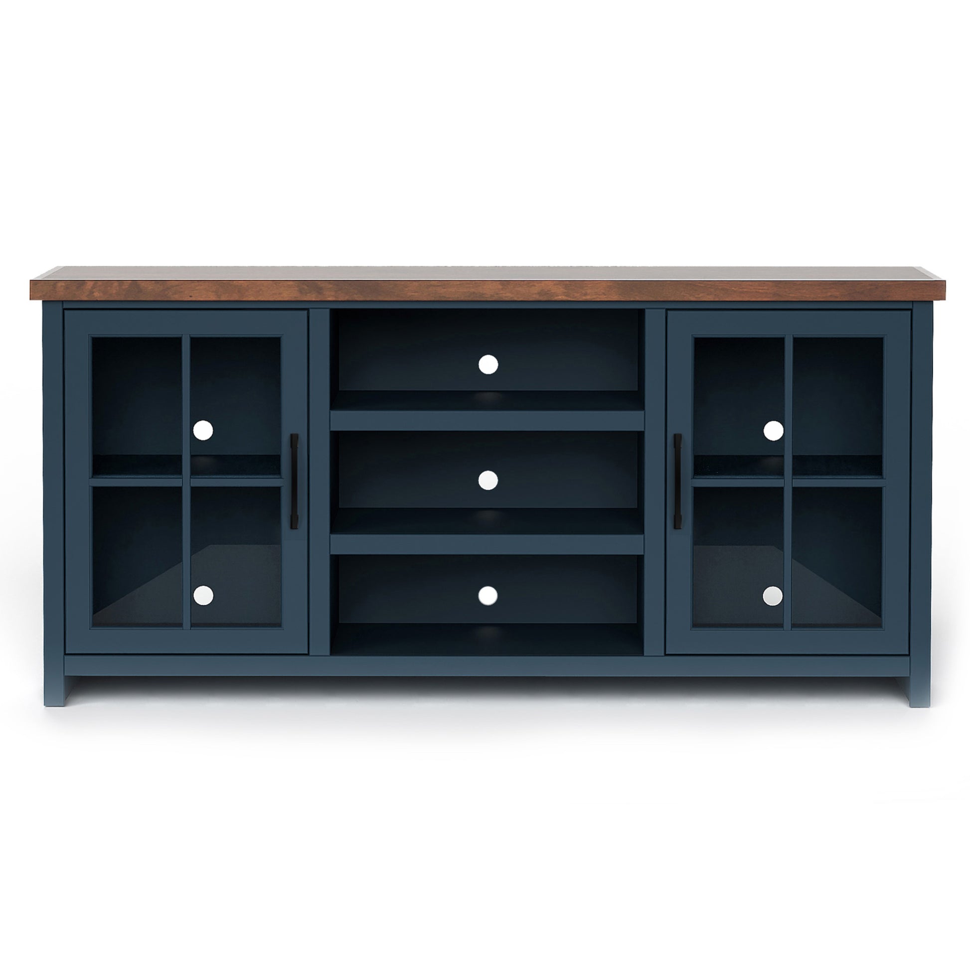 Nantucket 67 Inch Tv Stand Console For Tvs Up To 80 Inches, No Assembly Required, Blue Denim And Whiskey Finish Blue Primary Living Space 60 69 Inches 80 89 Inches Coastal,Farmhouse Poplar 80 Inches Wood