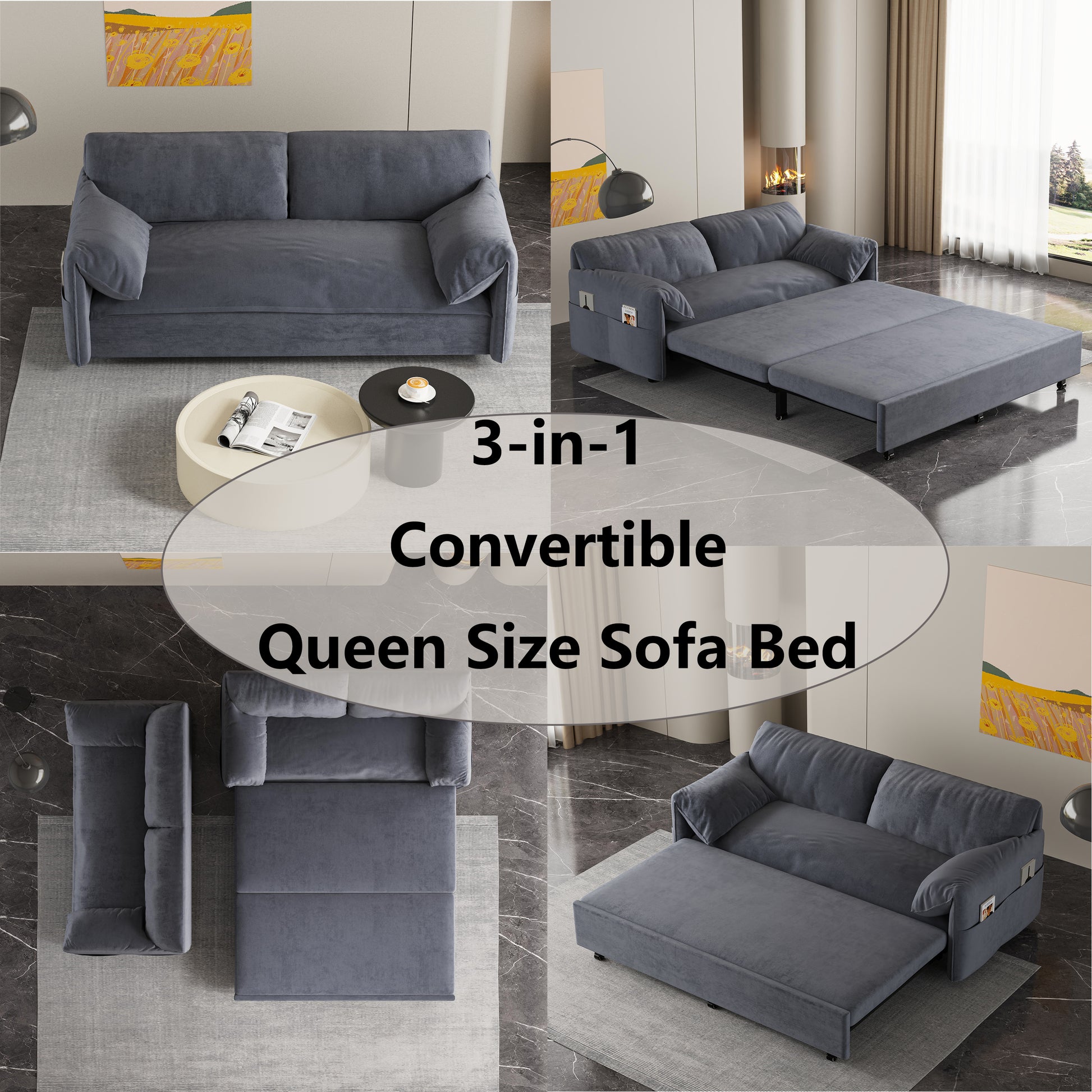 63.8" Queen Pull Out Sofa Bed, 3 In 1 Convertible Sleeper Sofa With Side Storage,Multi Functional Velvet Loveseat Bed For Living Room,Bedroom,Apartment,Office,Grey Old Sku:W1885122052 Grey Velvet Velvet 2 Seat